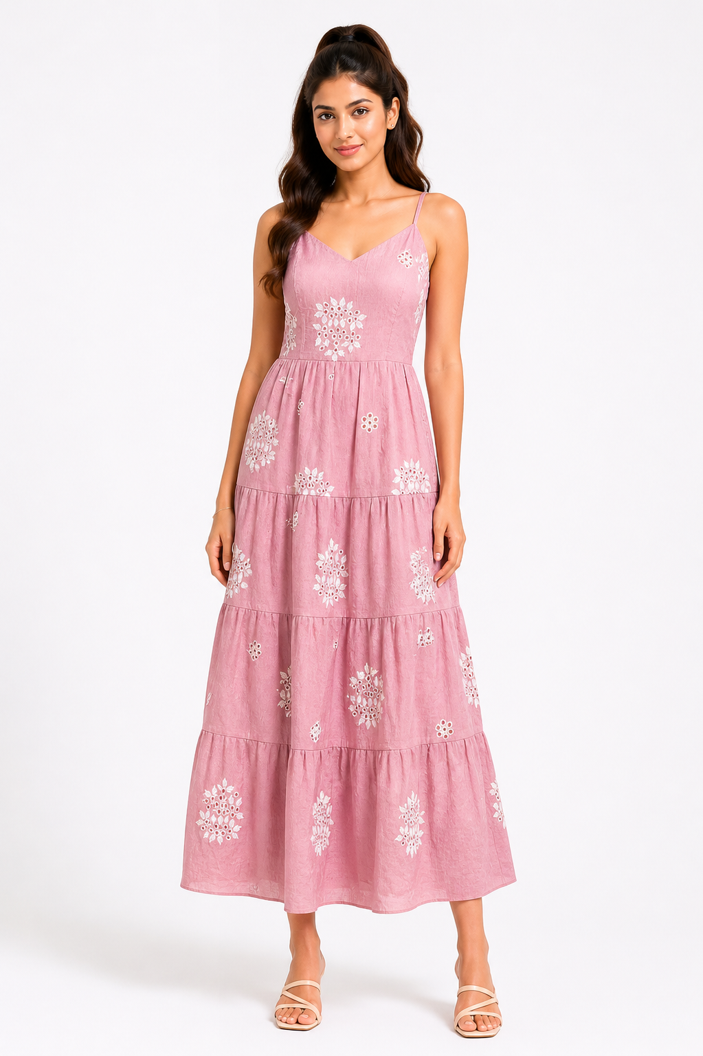 Blush Pink Embroidered Tiered Midi Dress
