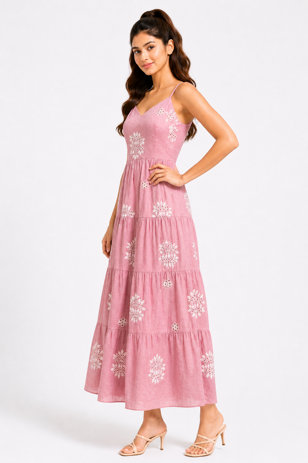 Blush Pink Embroidered Tiered Midi Dress