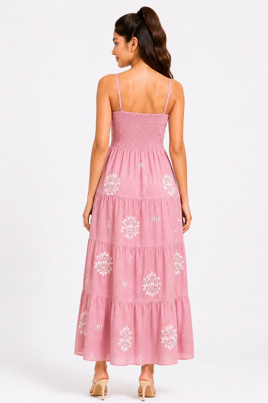 Blush Pink Embroidered Tiered Midi Dress