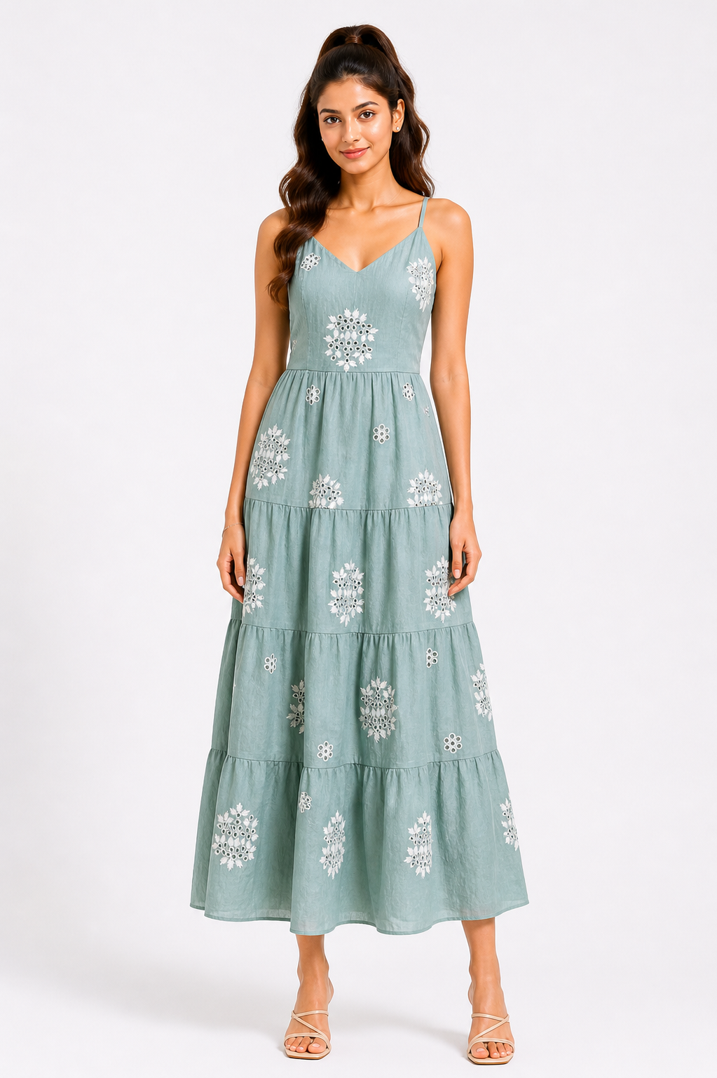 Sage Green Embroidered Tiered Midi Dress