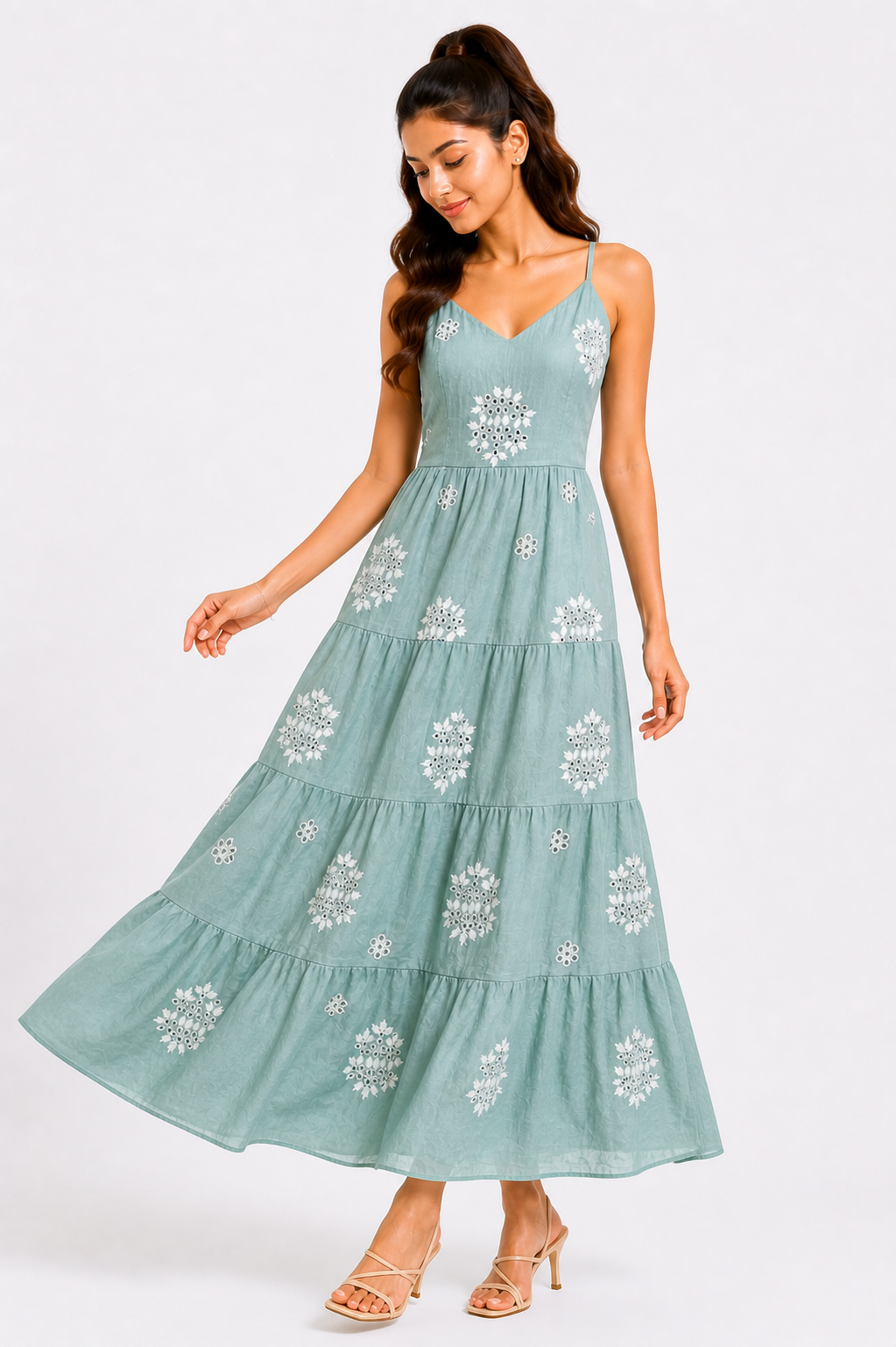 Sage Green Embroidered Tiered Midi Dress