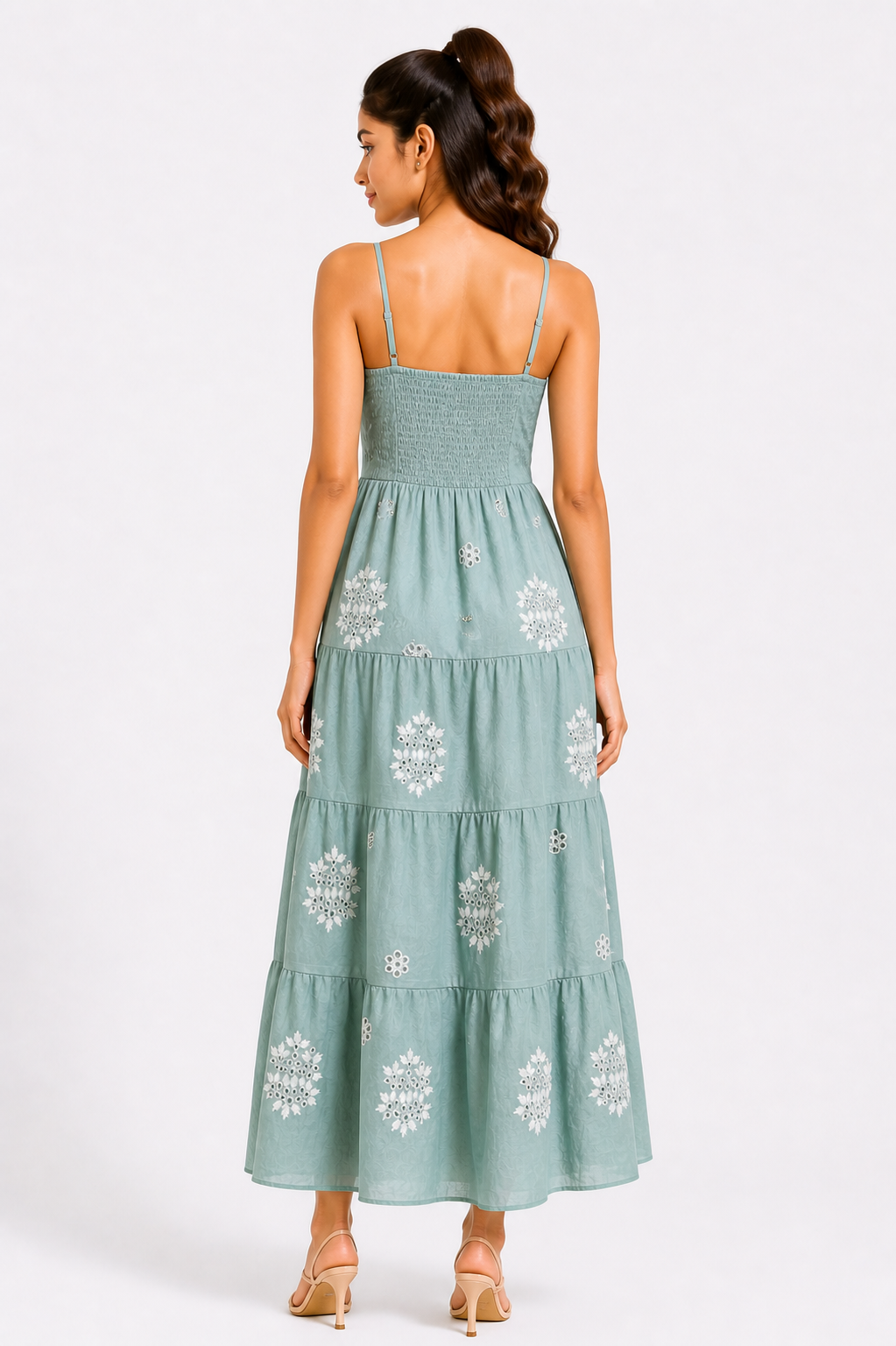 Sage Green Embroidered Tiered Midi Dress