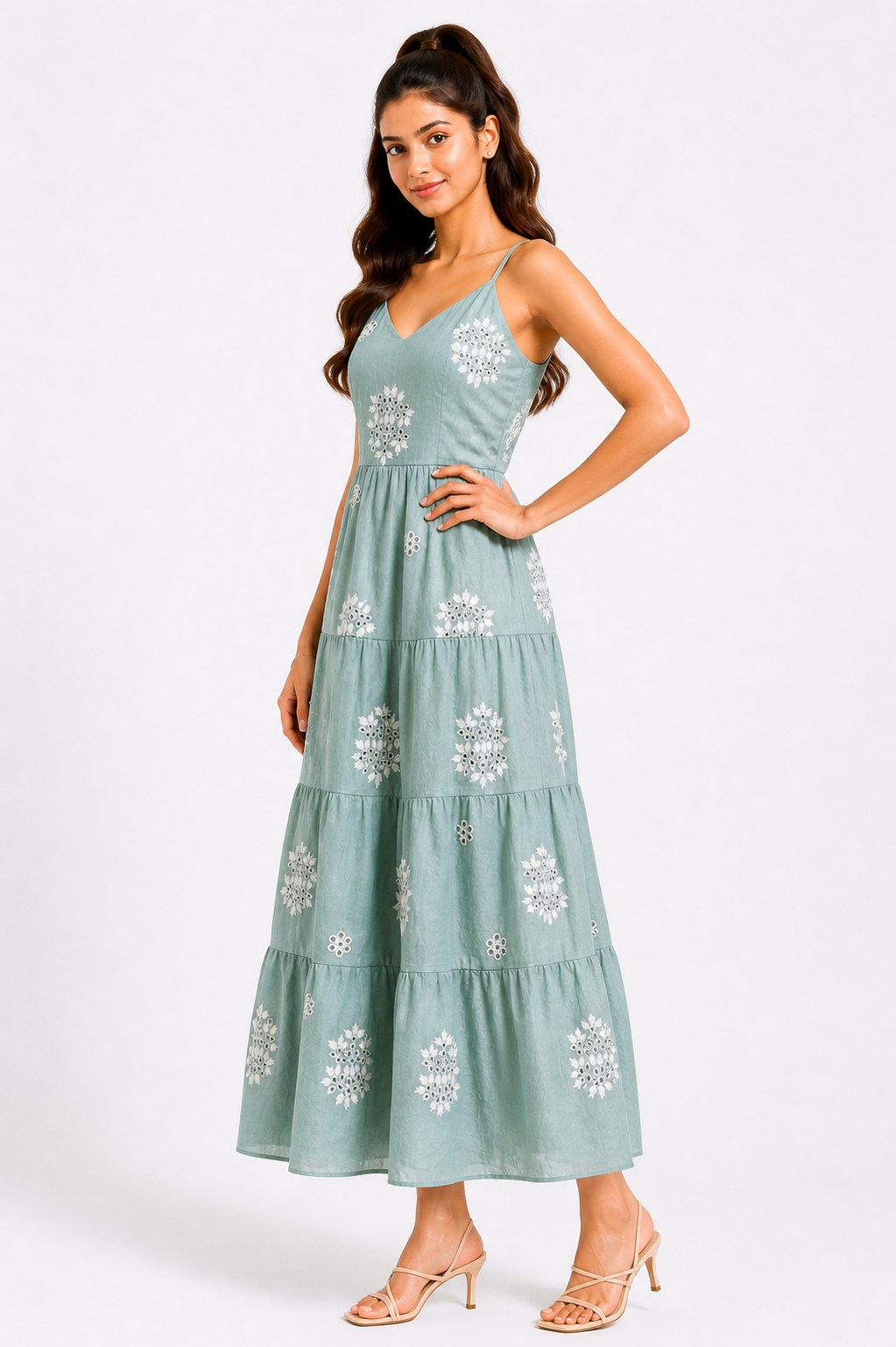 Sage Green Embroidered Tiered Midi Dress