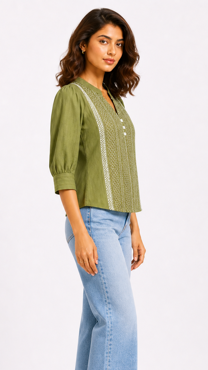 Olive Green Embroidered Panel Top