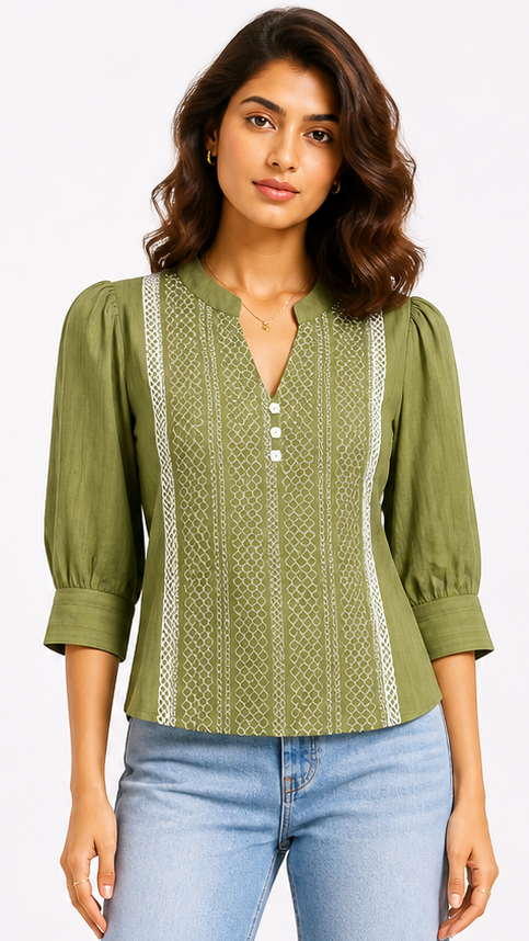 Olive Green Embroidered Panel Top