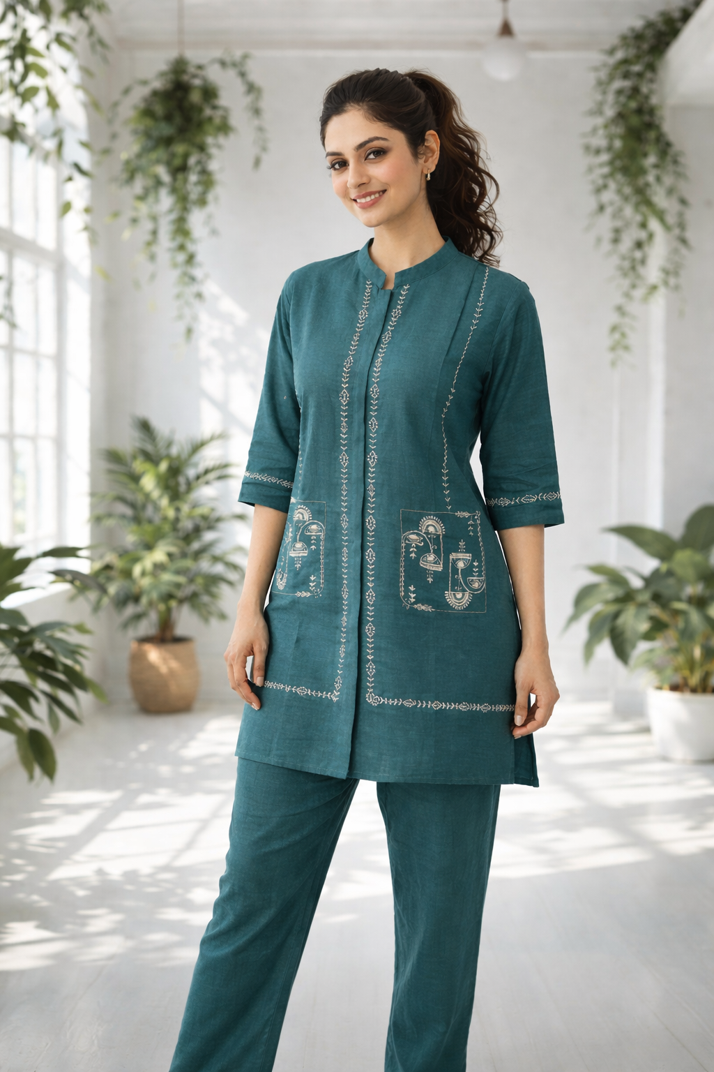 Elegant teal co-ord set with delicate white embroidery,