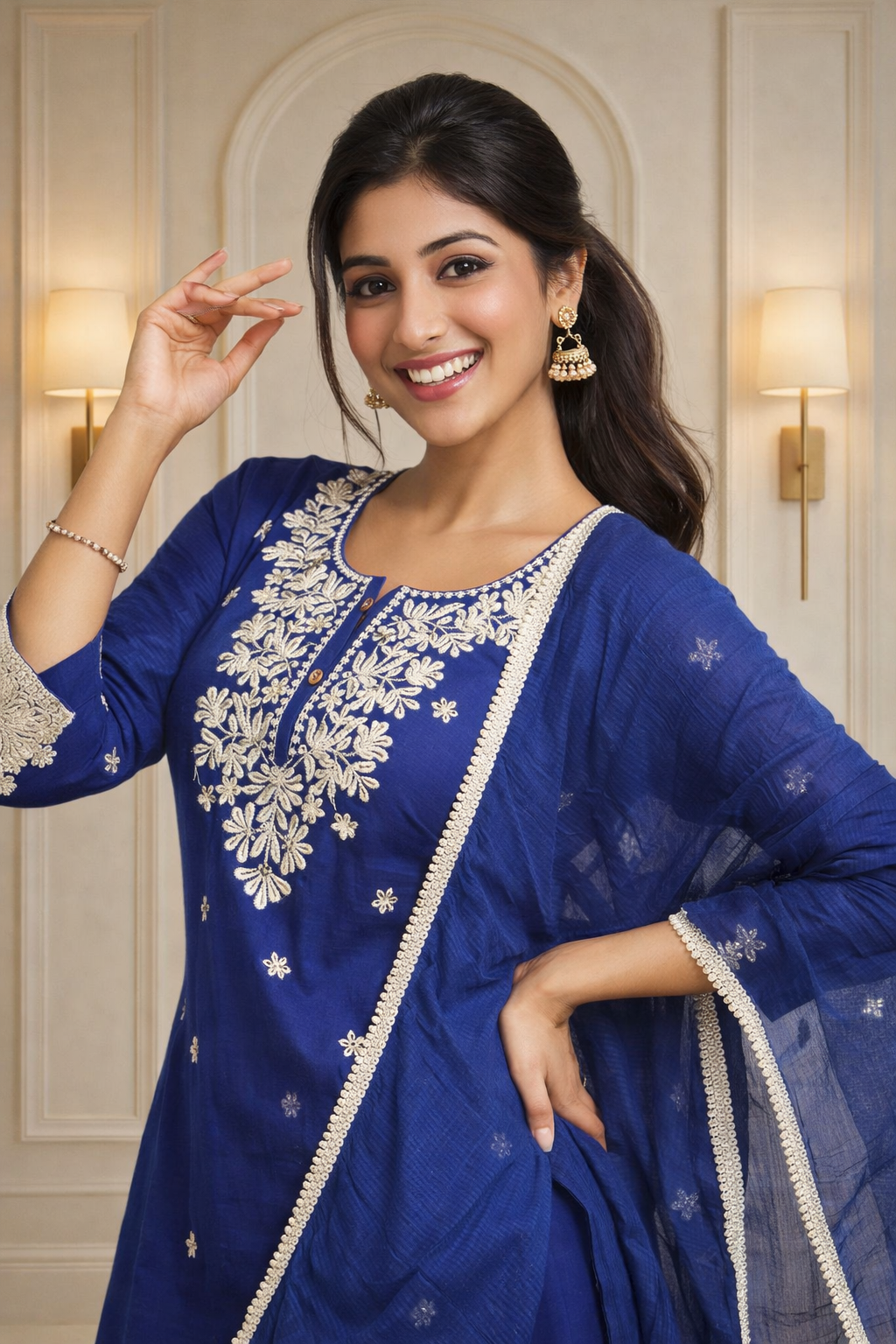 Elegant blue embroidered suit set with  matching dupatta and pants