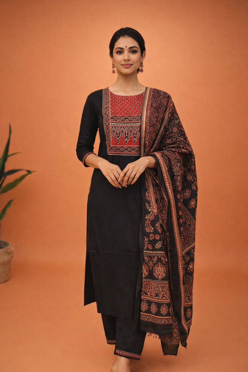 Elegant black suit with rich traditional prints and a beautifully detailed yoke, perfect for timeless ethnic style.