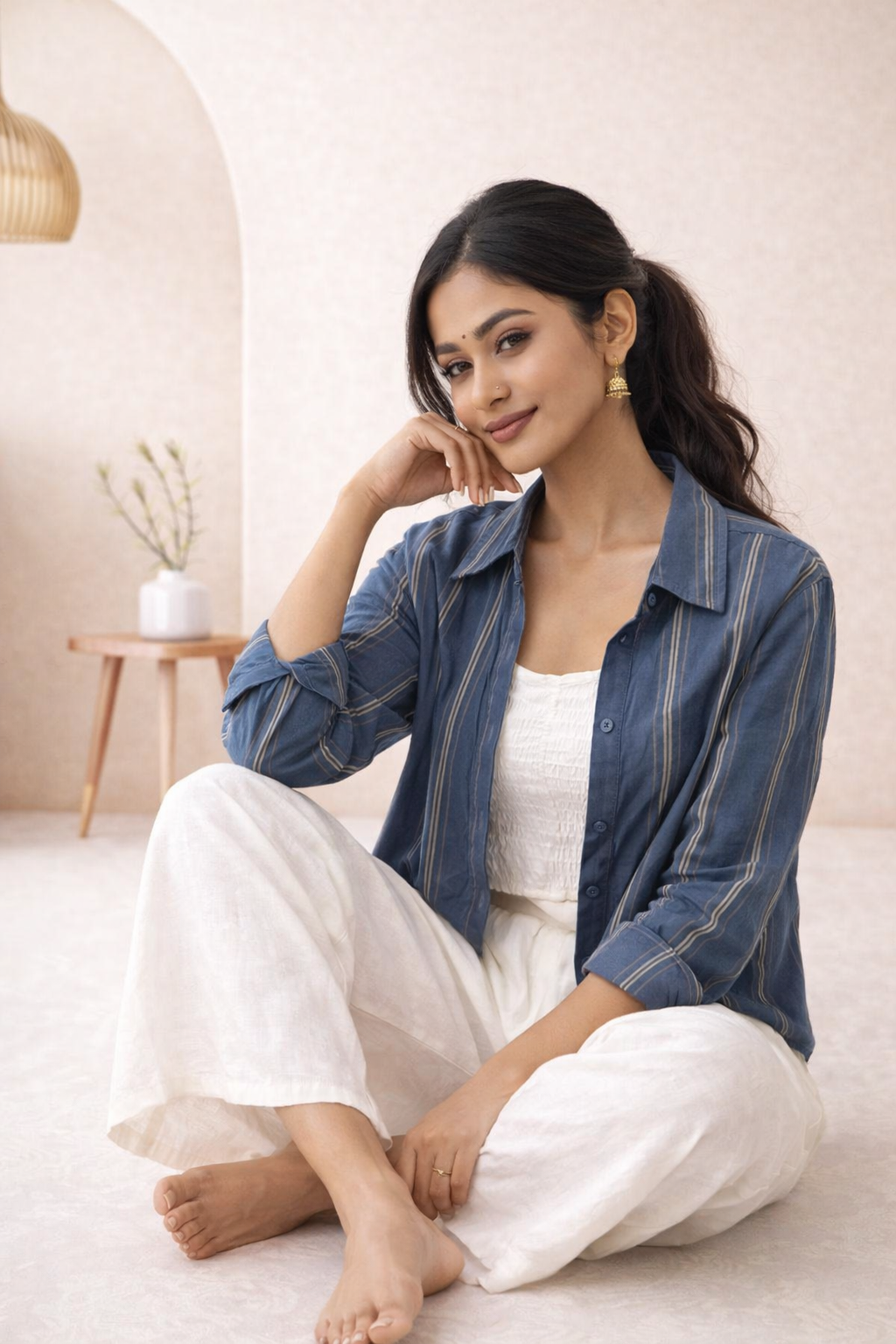 Stylish Women’s Western Striped Shirt with Cotton Crop Top and Pant Set - Dusty Blue & White