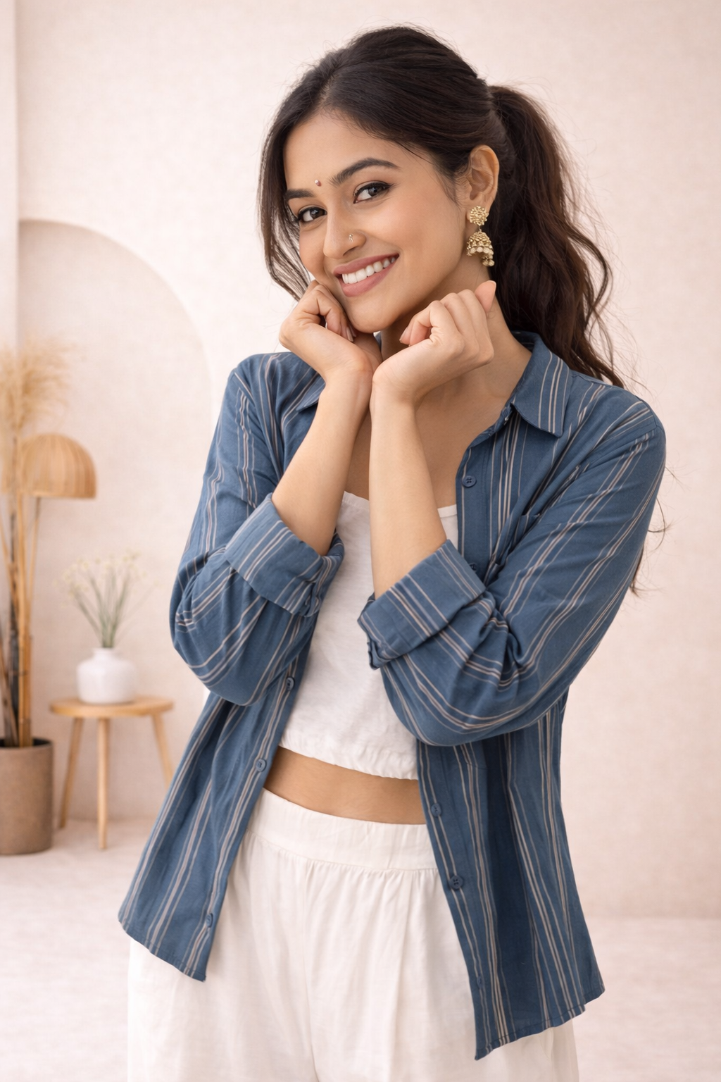 Stylish Women’s Western Striped Shirt with Cotton Crop Top and Pant Set - Dusty Blue & White