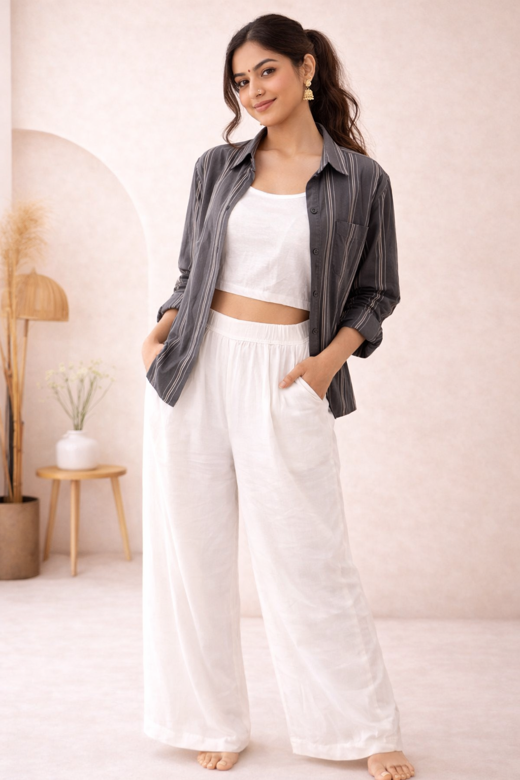 Women’s Charcoal Grey Striped Shirt with White Cotton Co-Ord Set (Crop Top & Pants)