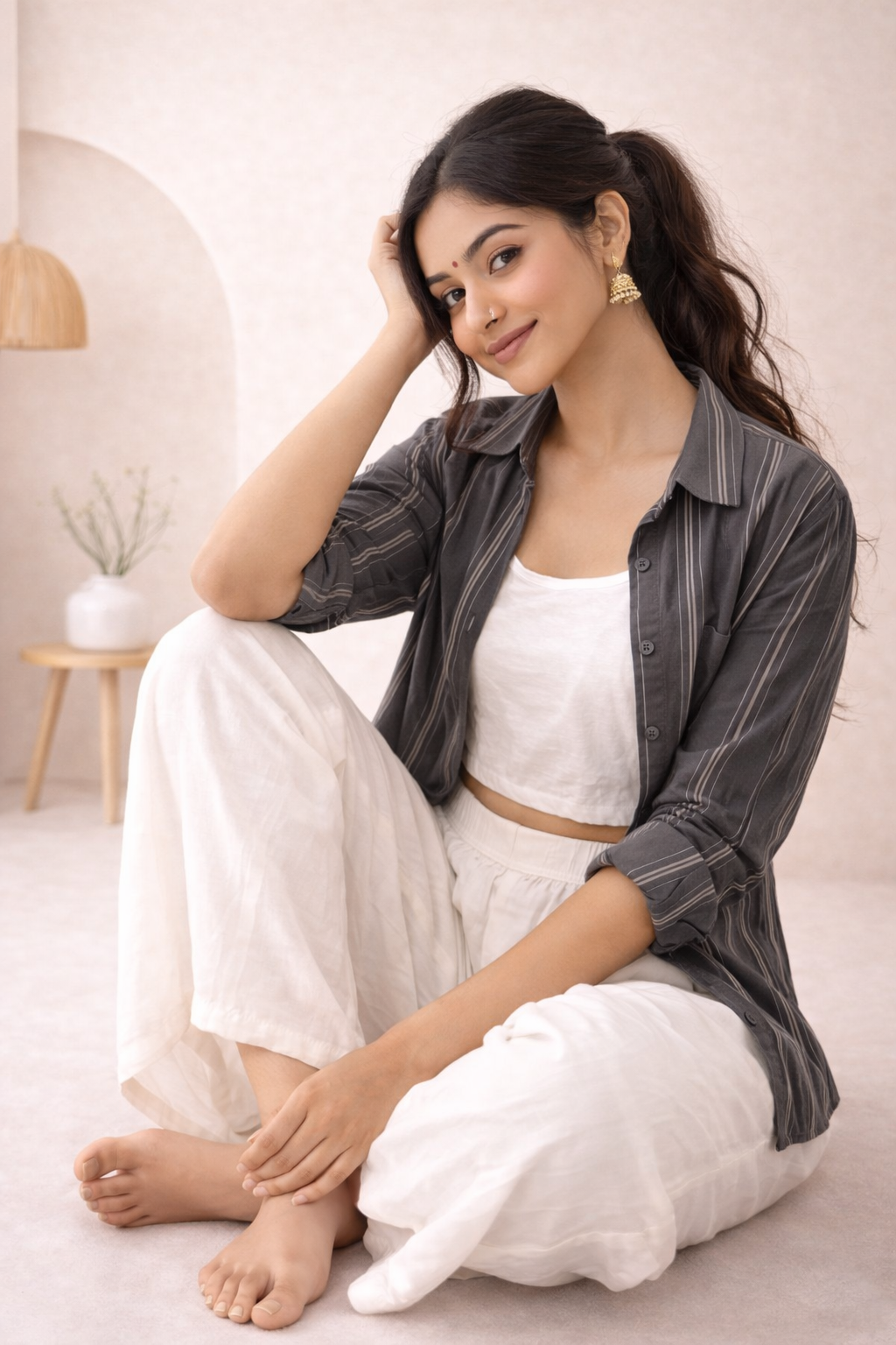 Women’s Charcoal Grey Striped Shirt with White Cotton Co-Ord Set (Crop Top & Pants)