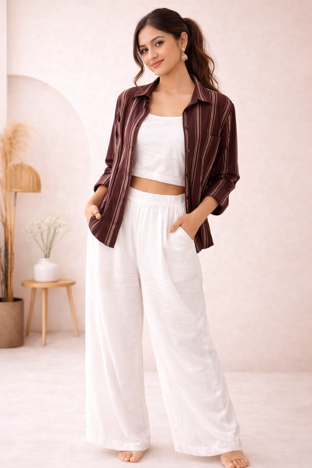 Women’s Maroon Striped Shirt with White Cotton Co-Ord Set (Crop Top & Pants)