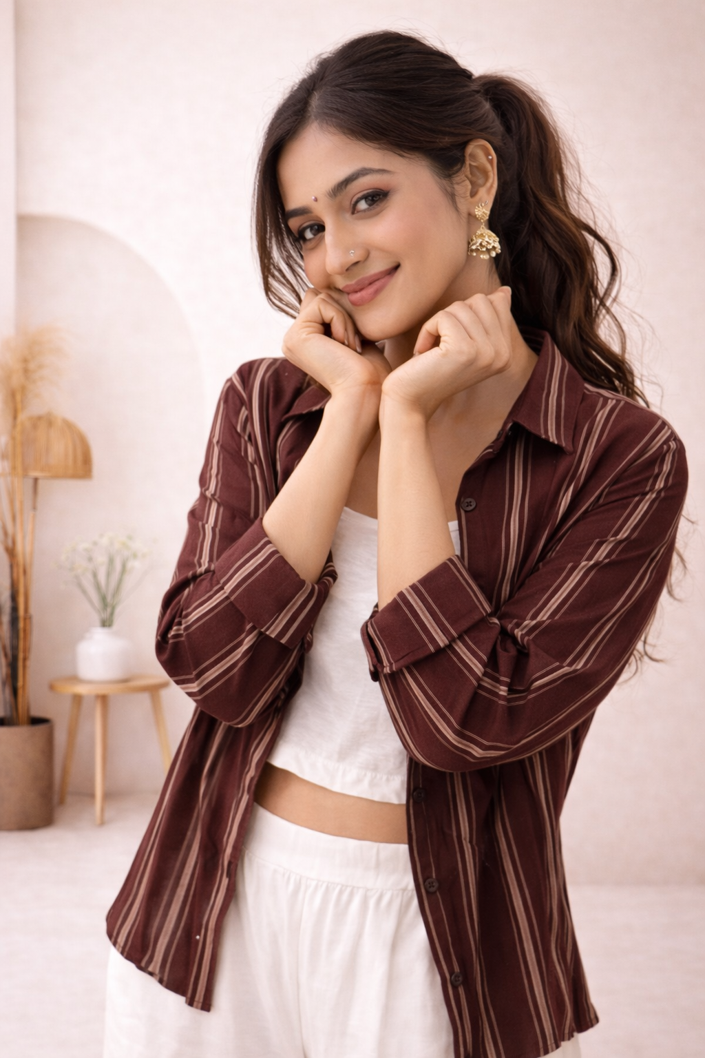 Women’s Maroon Striped Shirt with White Cotton Co-Ord Set (Crop Top & Pants)
