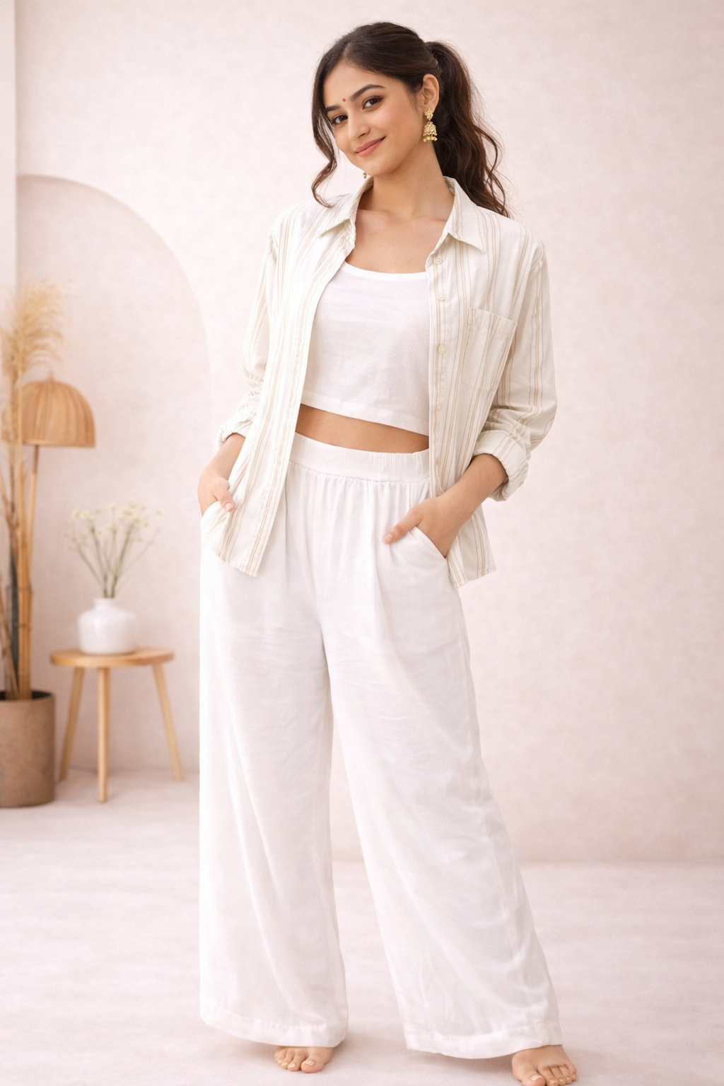 Women’s Beige Striped Shirt with White Cotton Co-Ord Set (Crop Top & Pants)