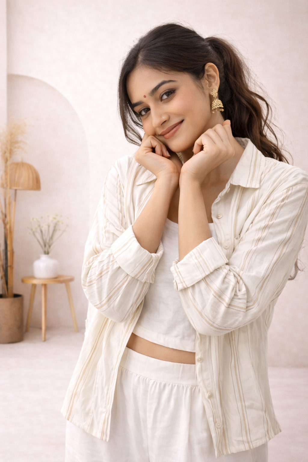 Women’s Beige Striped Shirt with White Cotton Co-Ord Set (Crop Top & Pants)