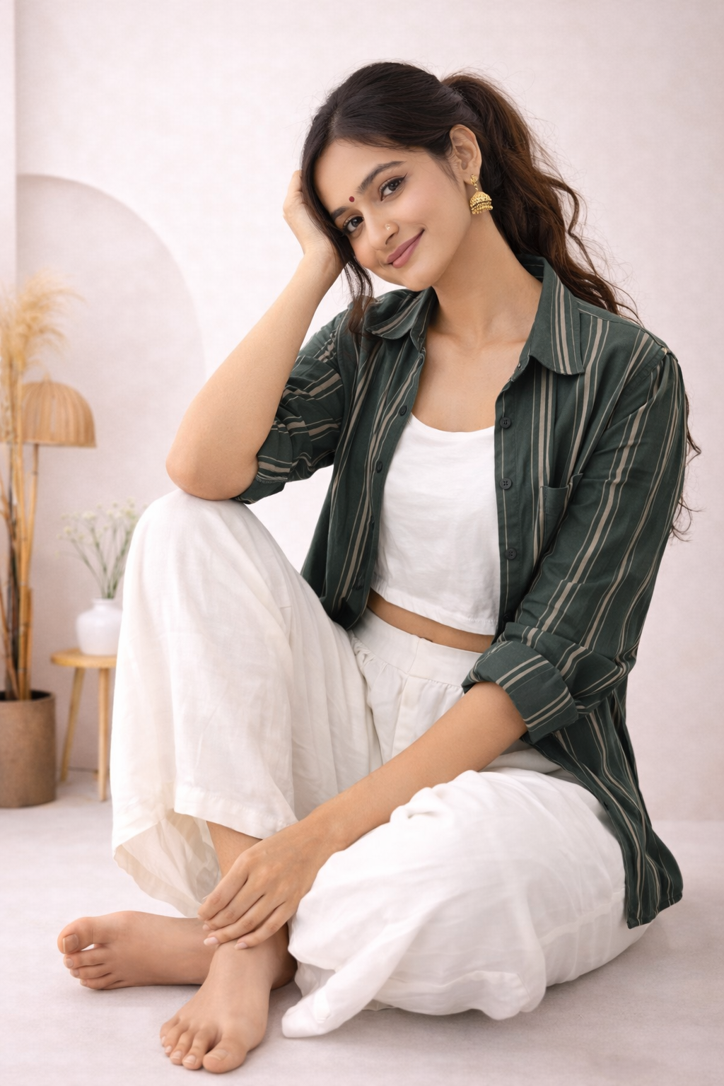 Women’s Forest Green Striped Shirt with White Cotton Co-Ord Set (Crop Top & Pants)