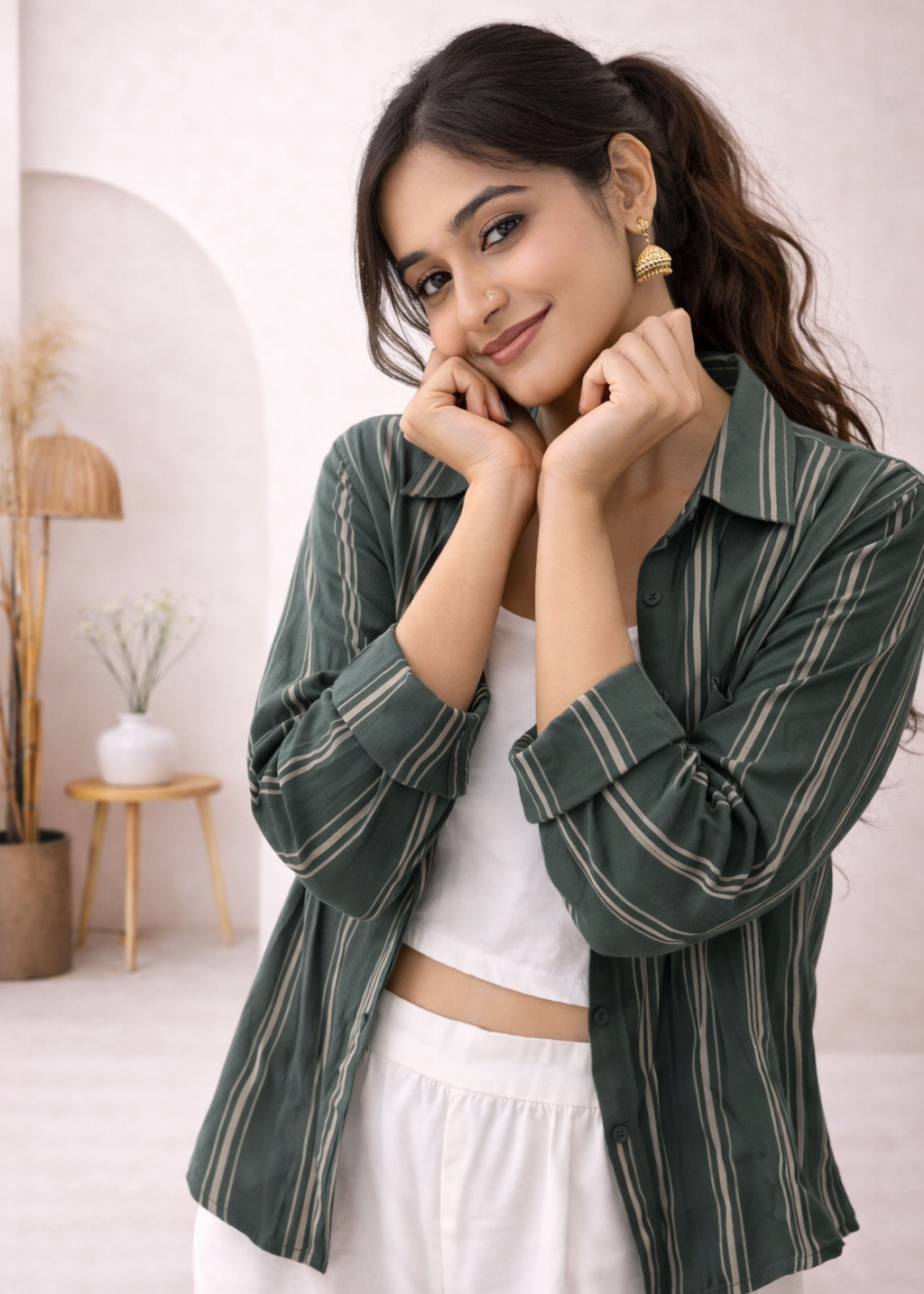Women’s Forest Green Striped Shirt with White Cotton Co-Ord Set (Crop Top & Pants)