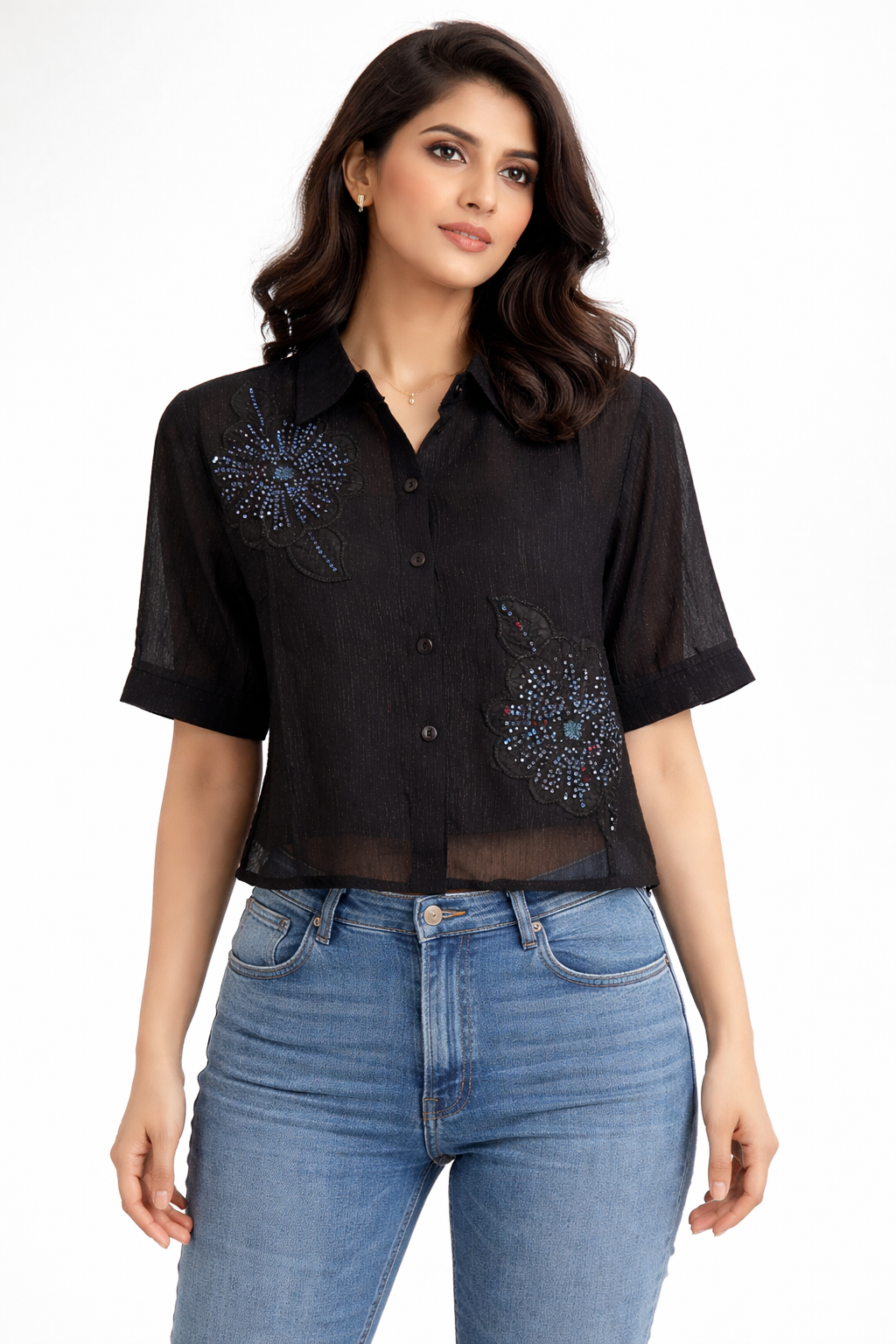 Black Embroidered Crop Shirt – Elegant Floral Detail Top