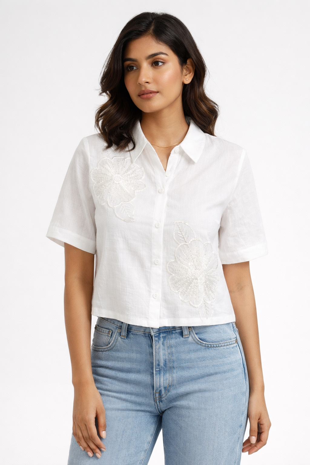 White Embroidered Crop Shirt – Elegant Floral Detail Top