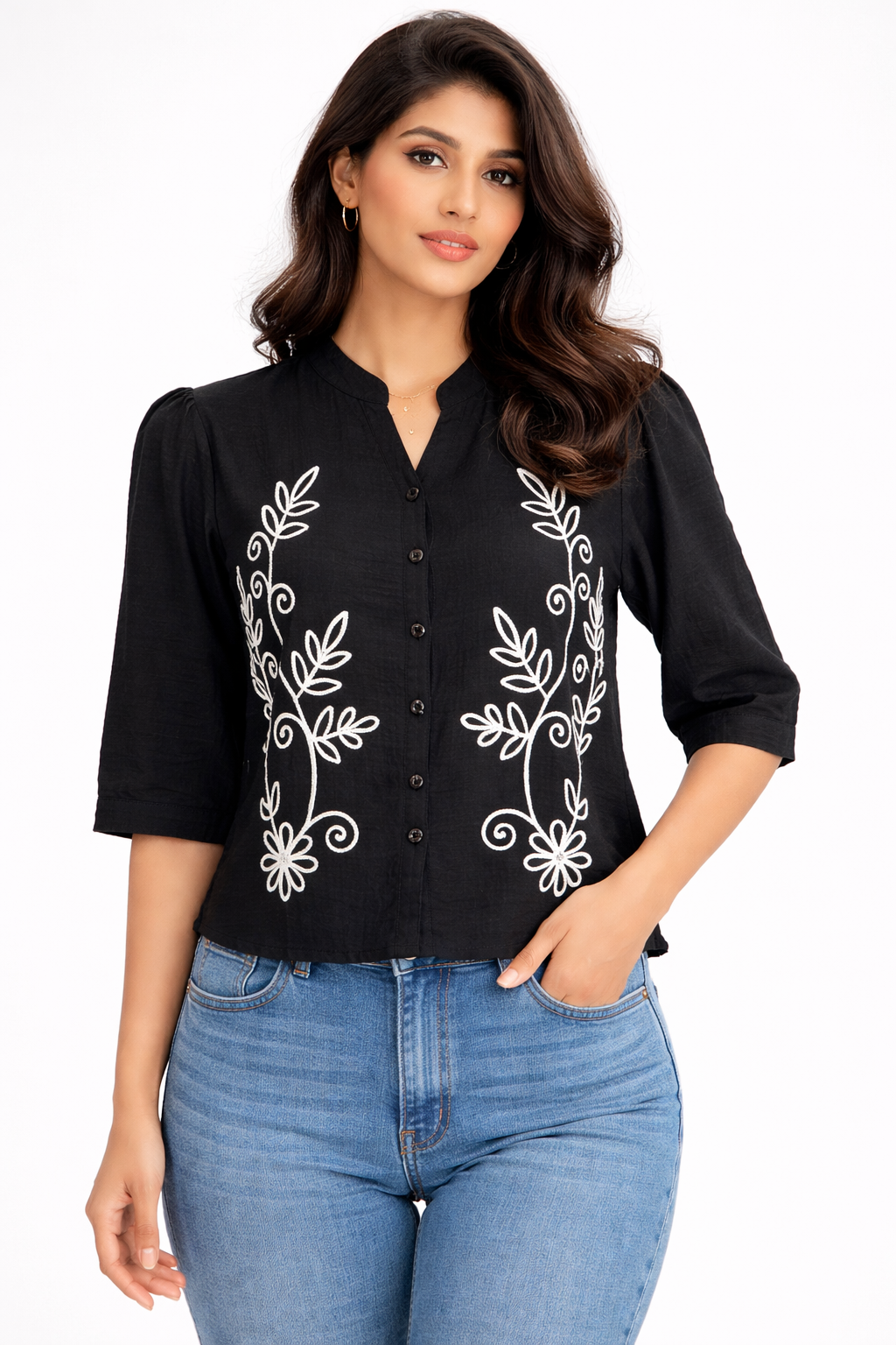 Black Embroidered Elegant Casual Top for Women