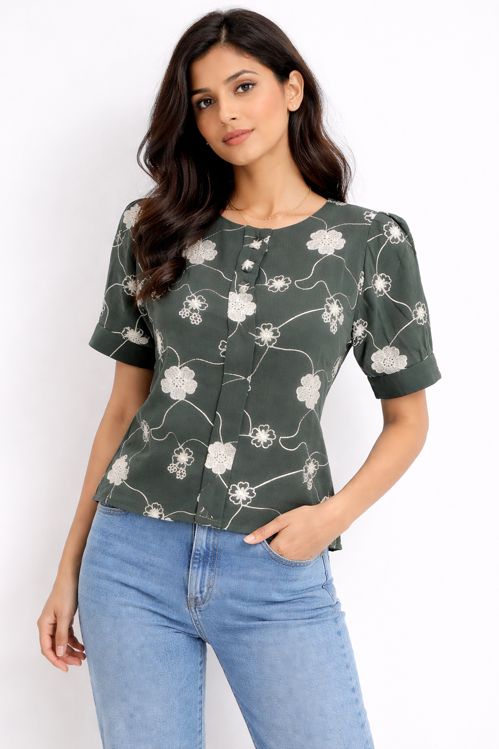 Olive Green Floral Embroidered Casual Top for Women