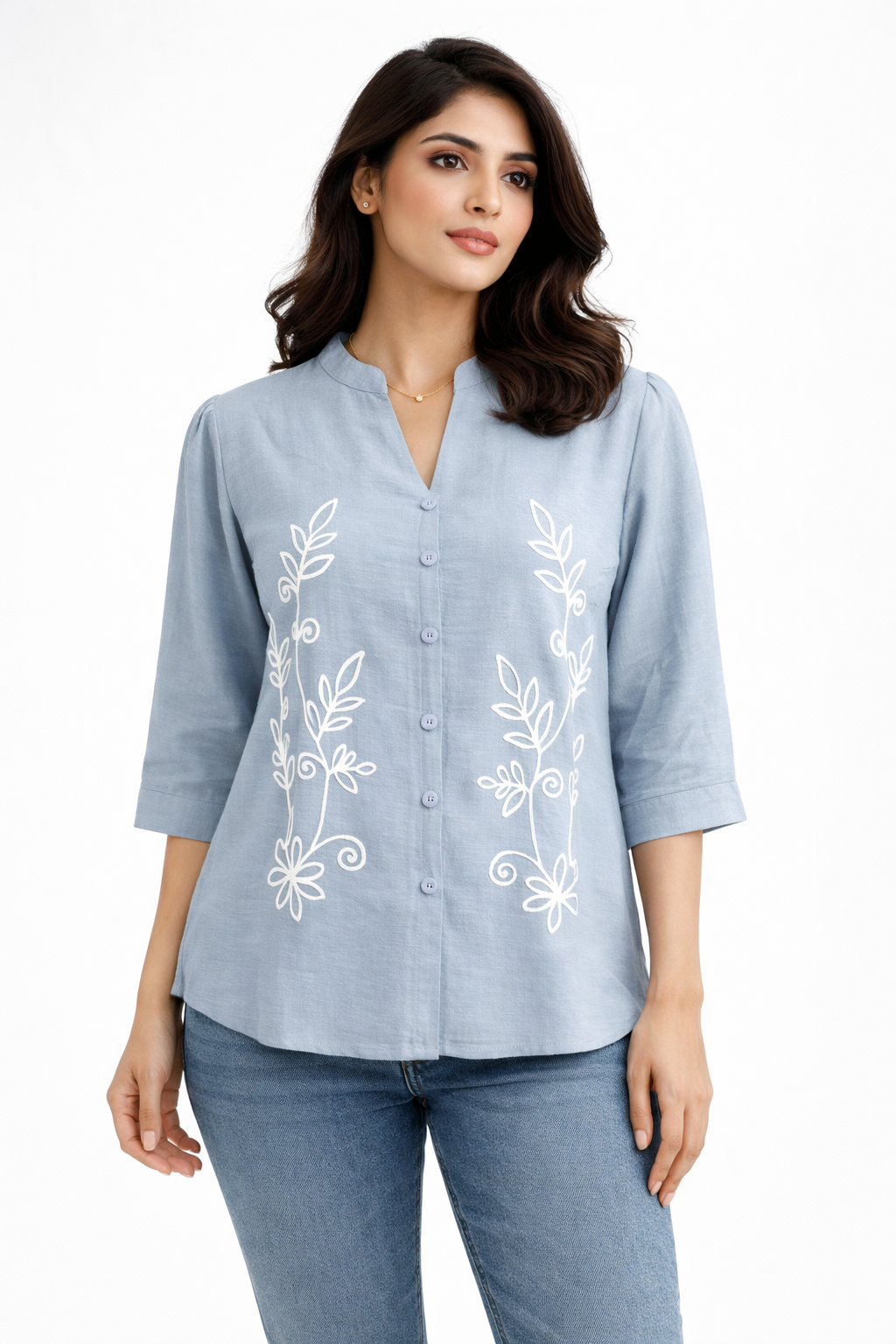 Powder Blue Embroidered Casual Top for Women