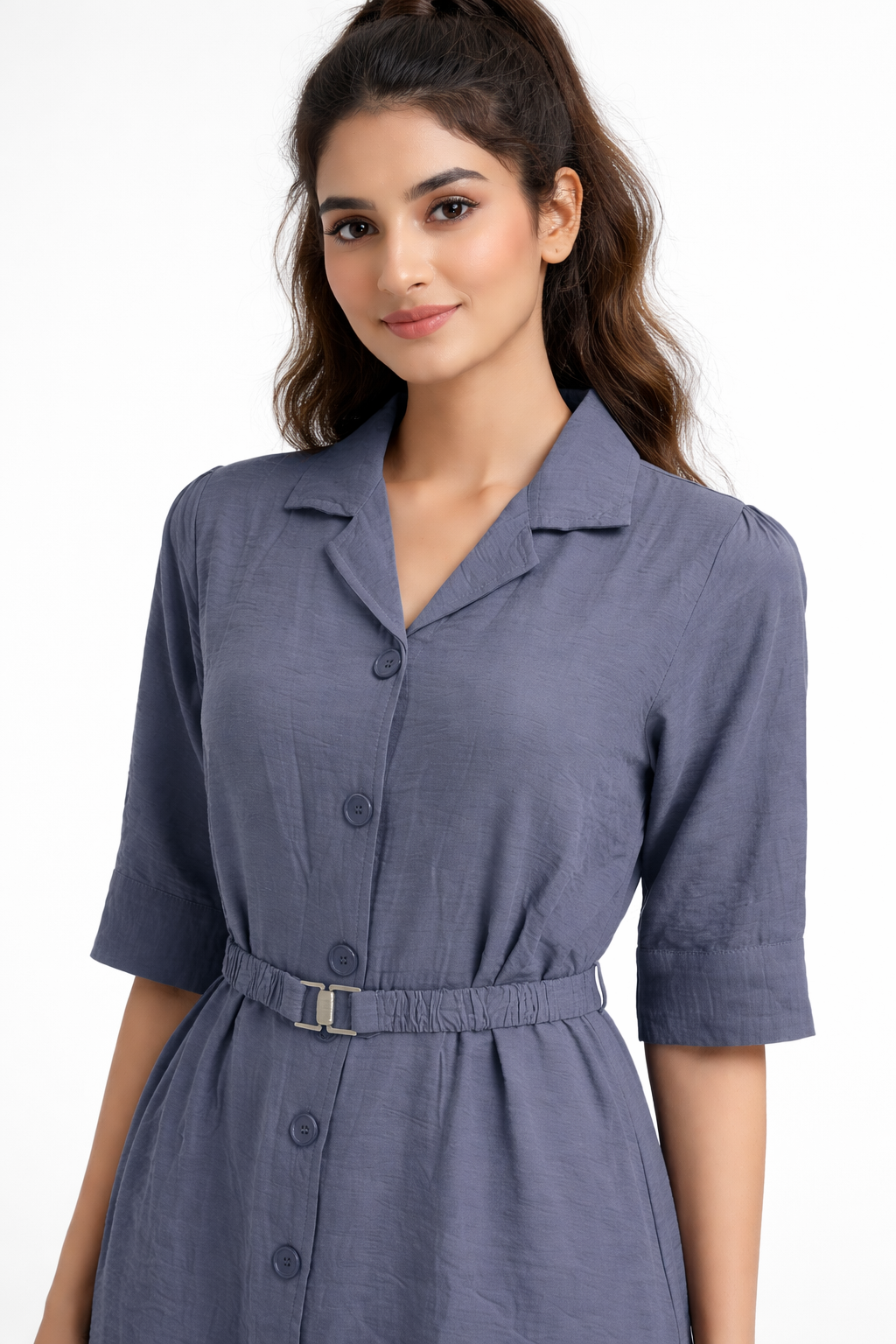 Slate blue belted shirt dress. versatile style, perfect for casual and semi-formal occasions.
