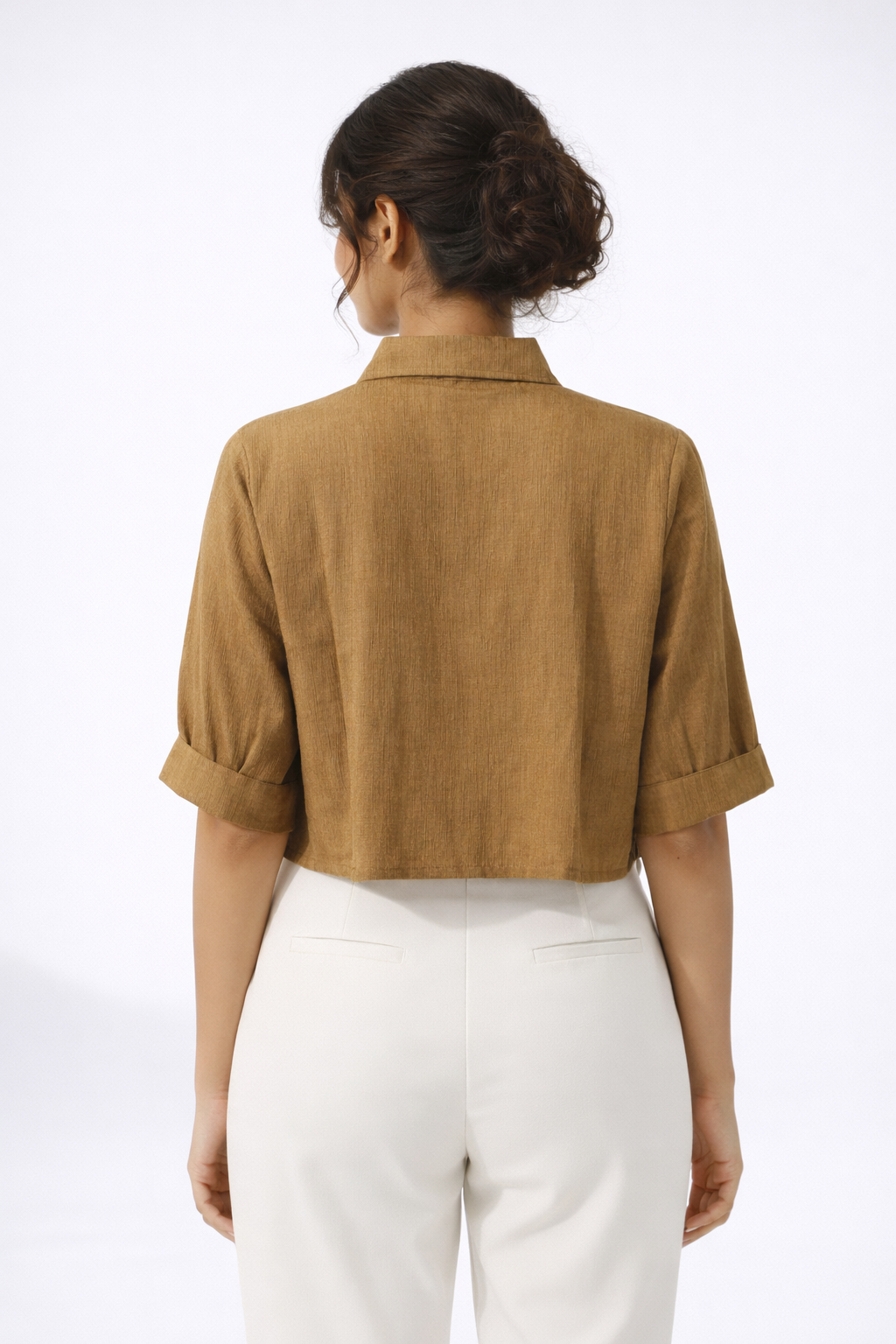 Brown Embroidered Crop Shirt – Elegant Floral Detail Top