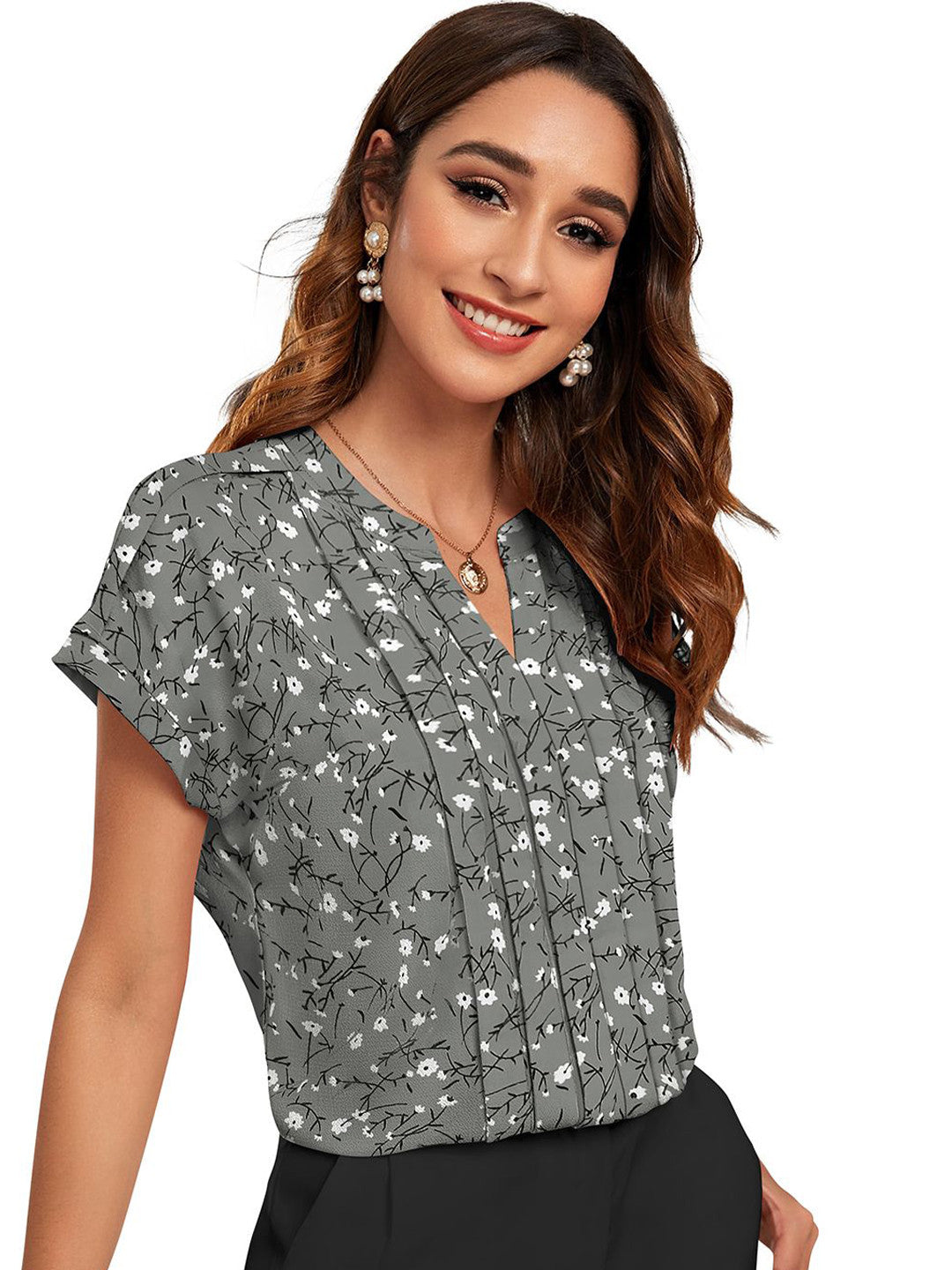 Women Floral Printed Mandarin Collar Cotton Top
