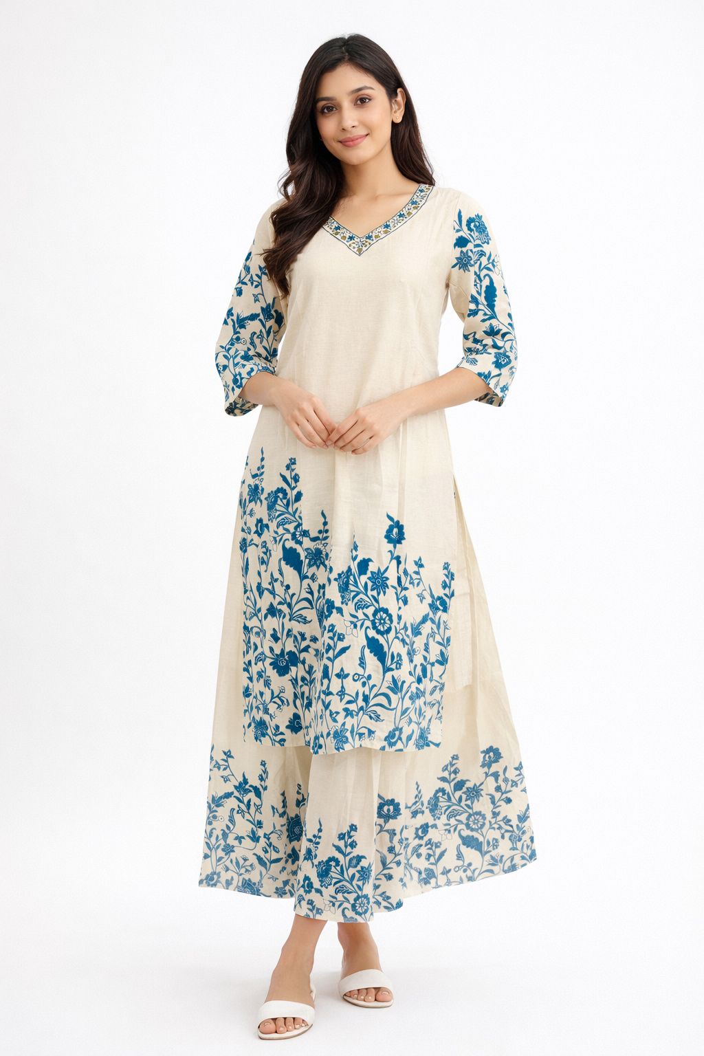 Elegant Ivory Floral Printed Kurta Set with Palazzo.