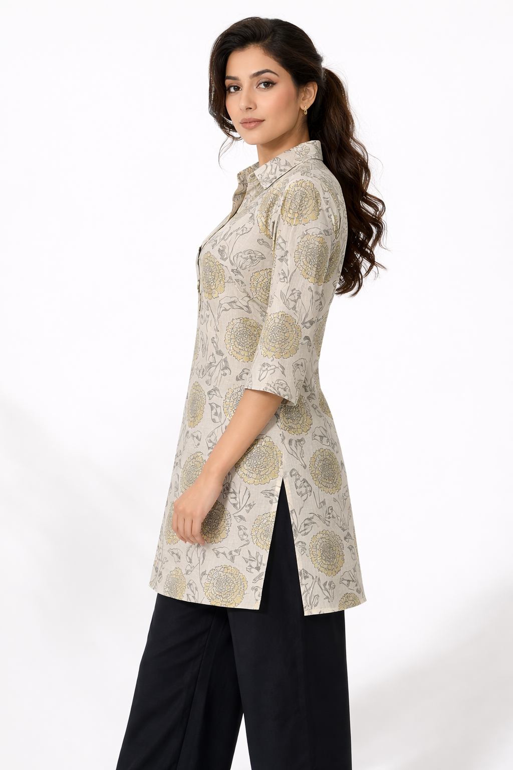 Elegant Beige Floral Printed Straight Kurta and pant
