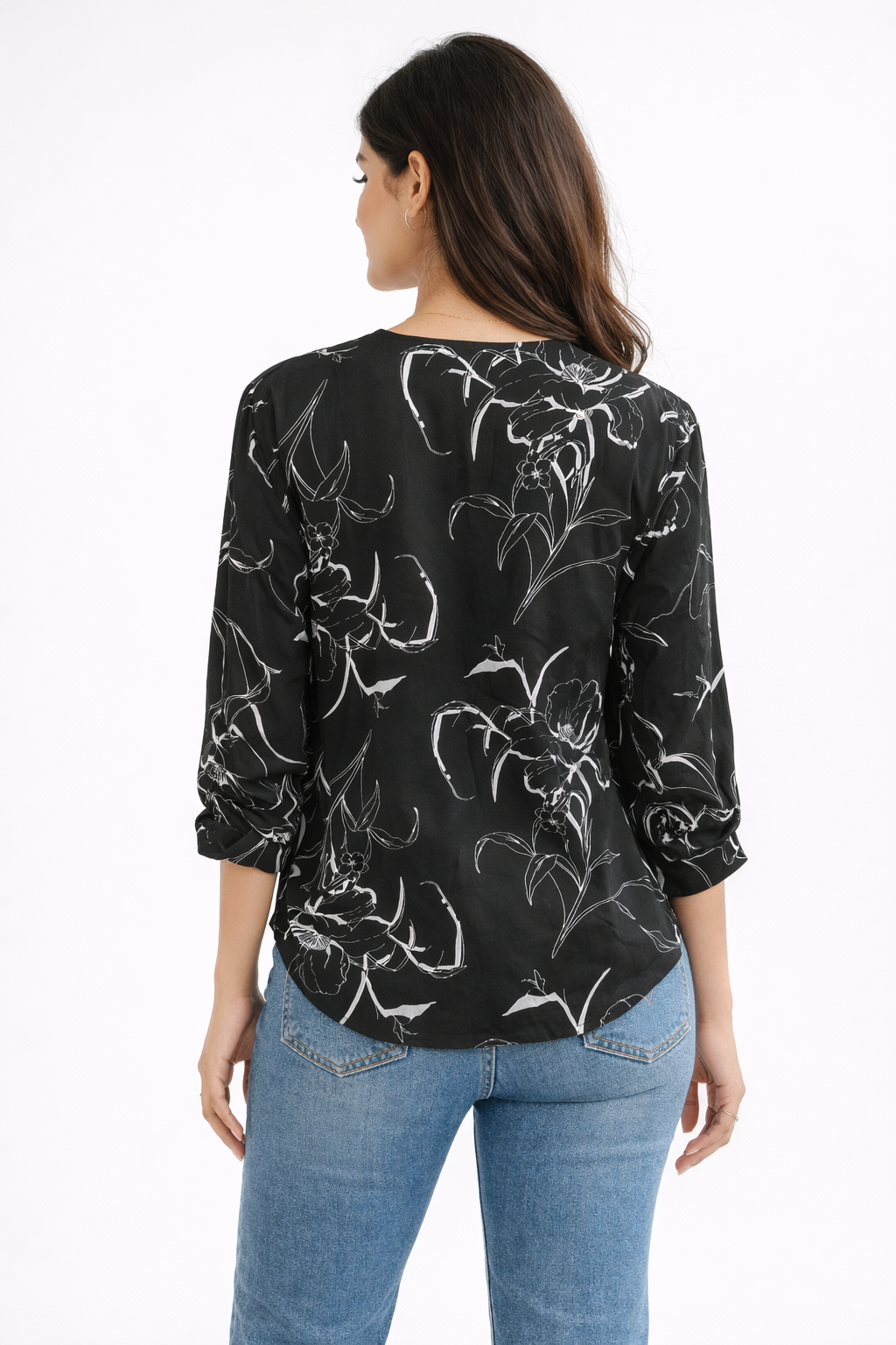 Elegant Black Printed V-Neck Top with Button Detail