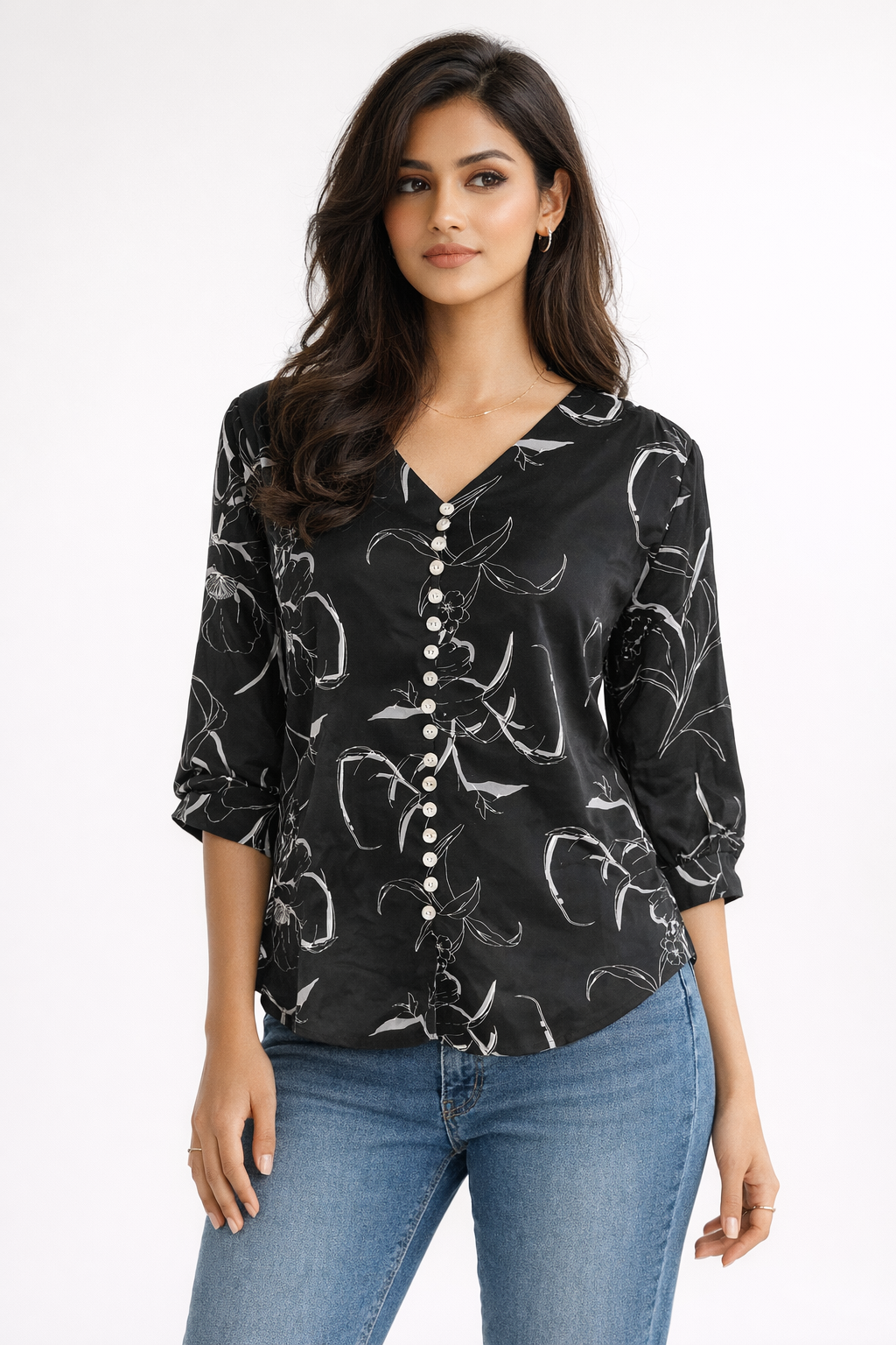 Elegant Black Printed V-Neck Top with Button Detail