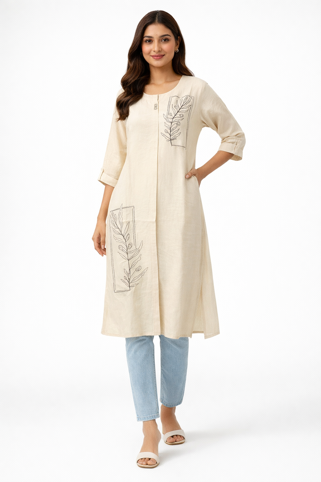 Kurta featuring  with a relaxed silhouette and finished with contrasting placement embroidery.