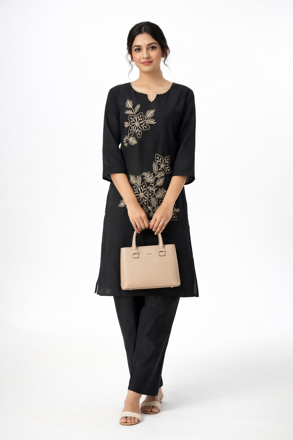 Elegant Black Kurta Set with Gold Floral Embroidery