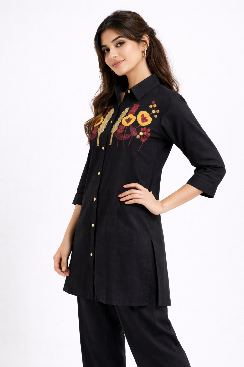 Elegant Black Embroidered Kurta Set with Shirt Collar.