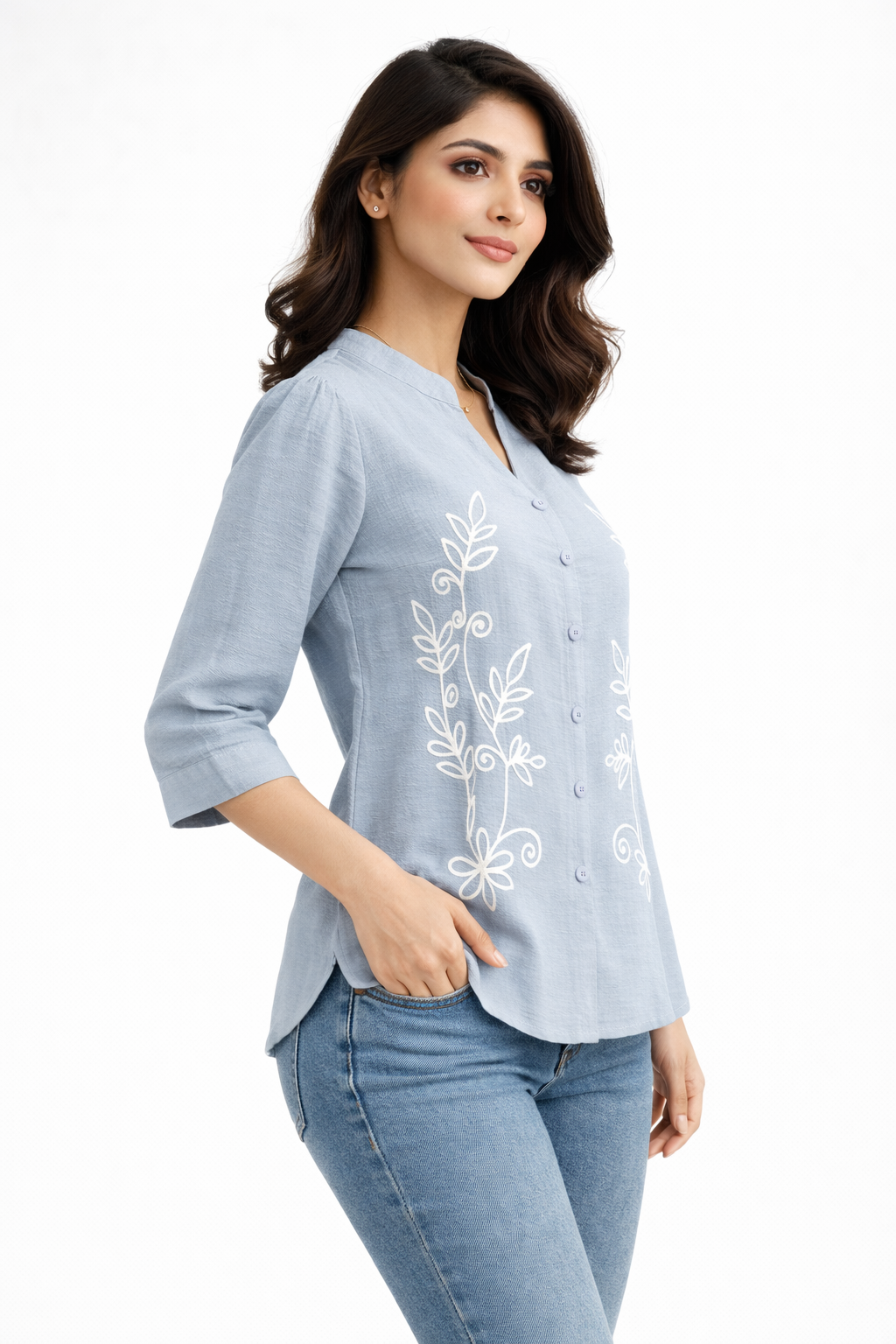 Powder Blue Embroidered Casual Top for Women