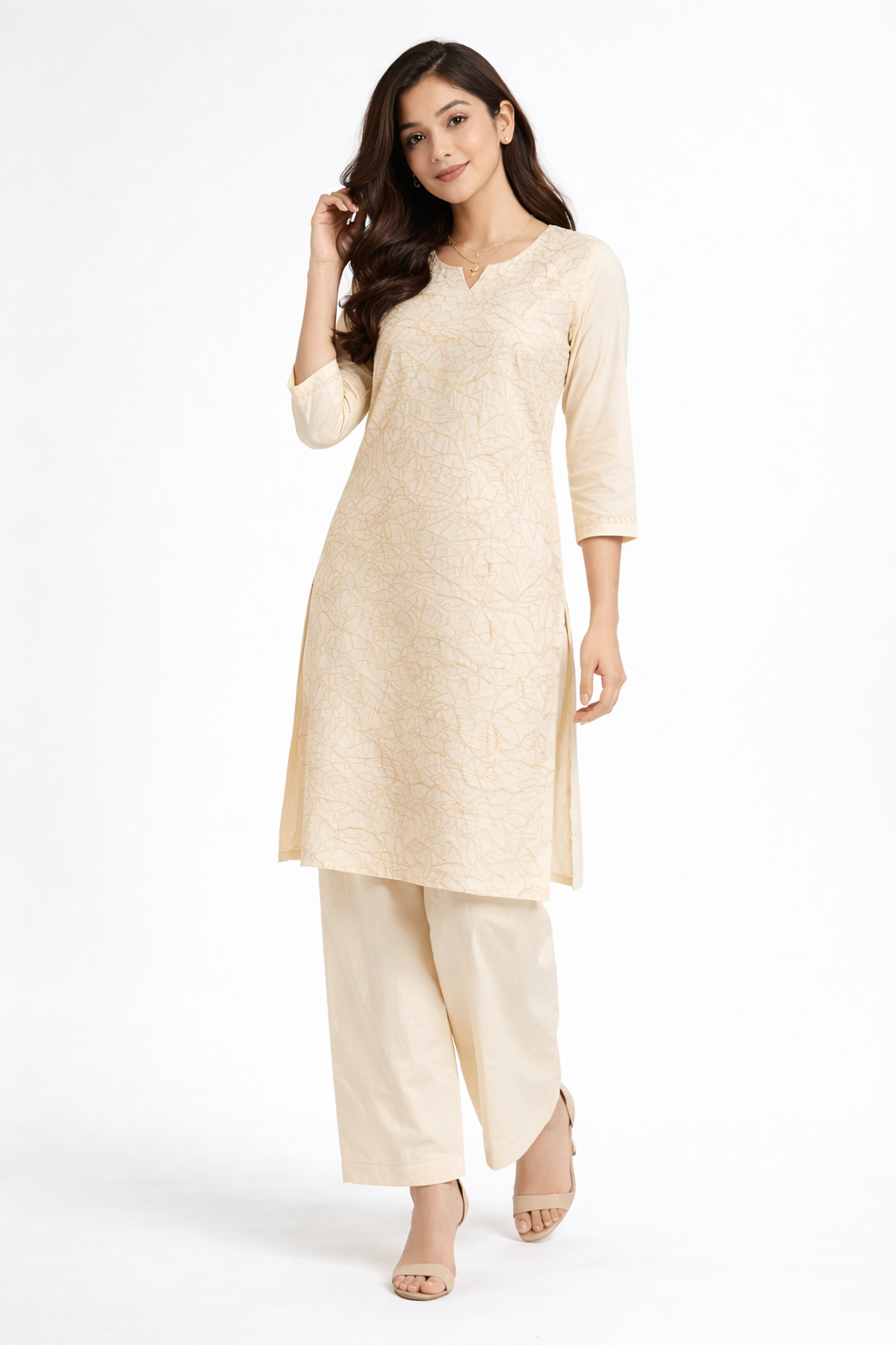 Elegant Cream floral embroidery Kurta Set with Palazzo Pants