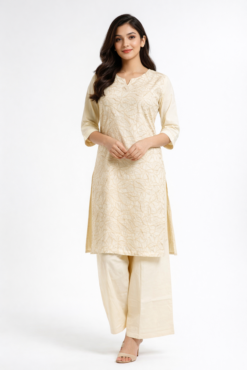 Elegant Cream floral embroidery Kurta Set with Palazzo Pants