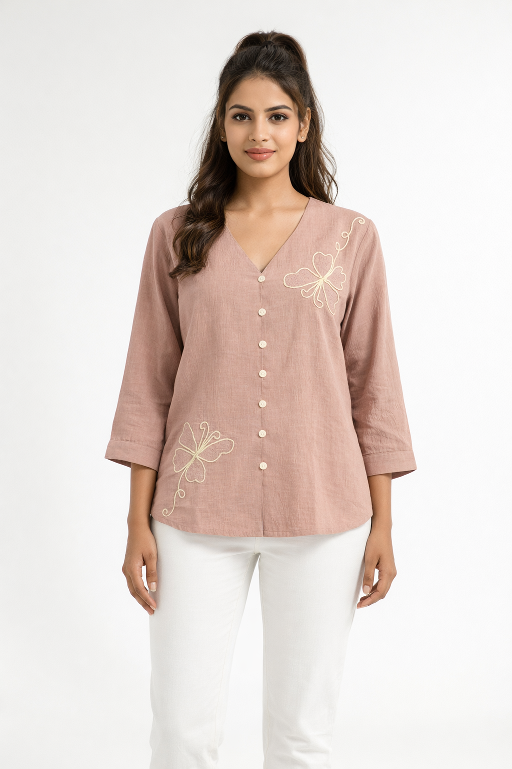 Dusty Rose Embroidered V-Neck Casual Top for Women