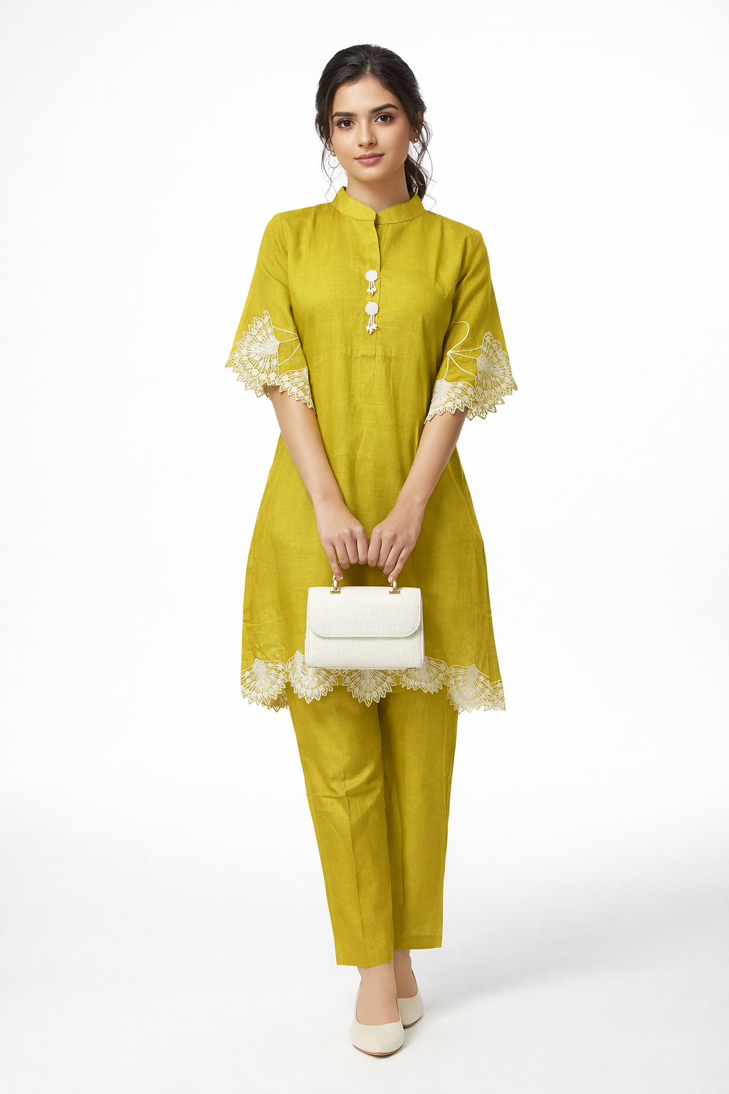 Two-piece co-ord set featuring with delicate scalloped cutwork embroidery