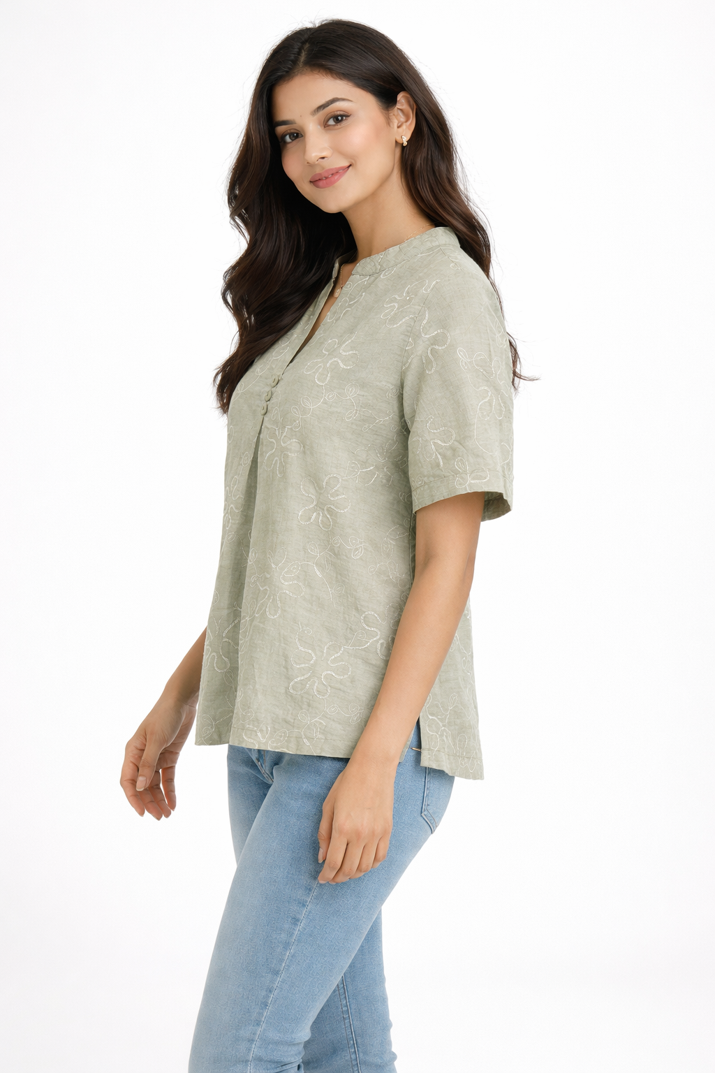 Sage Green Embroidered Top – Minimal Button Detail Top