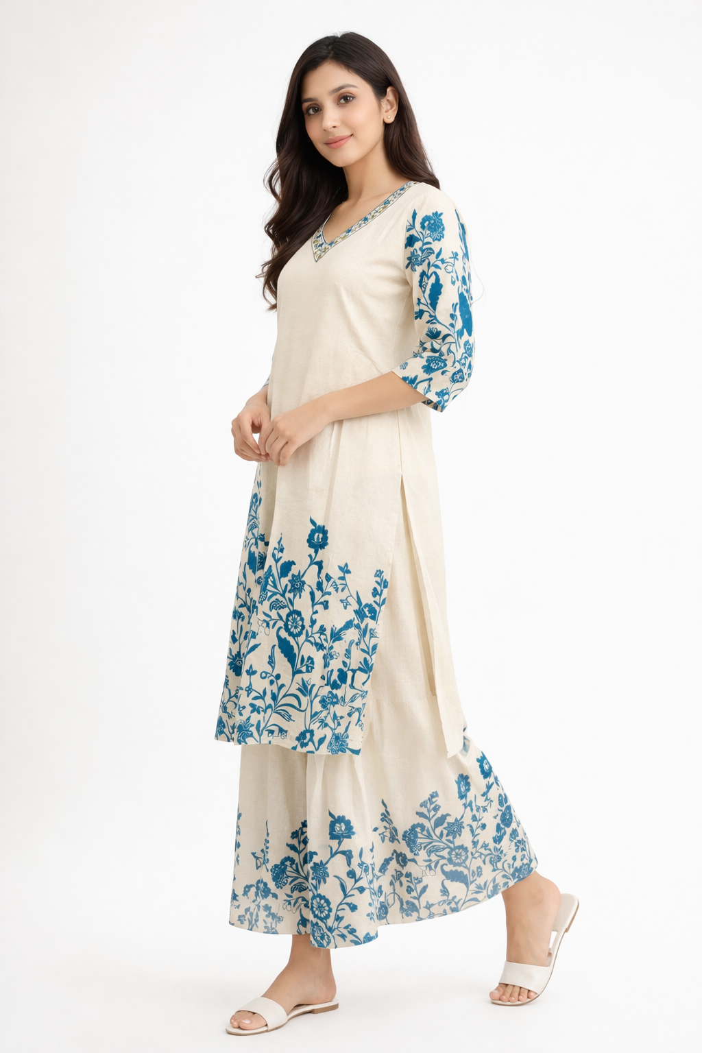 Elegant Ivory Floral Printed Kurta Set with Palazzo.