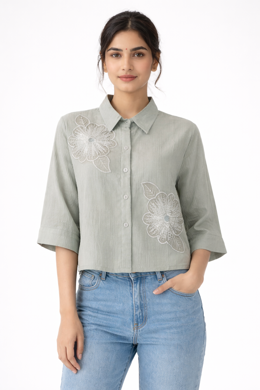 Elegant Sage Green Embroidered Crop Shirt