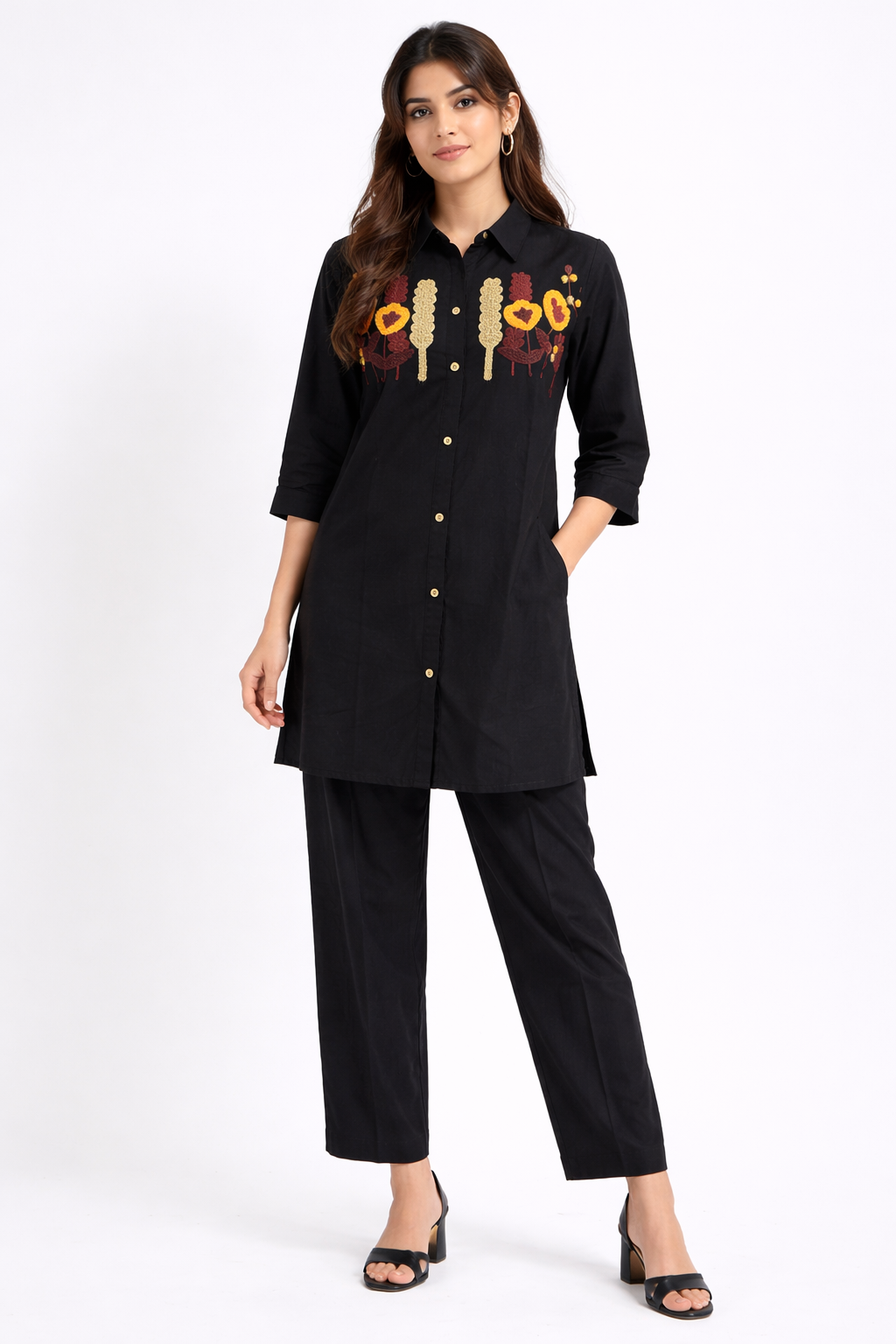 Elegant Black Embroidered Kurta Set with Shirt Collar.