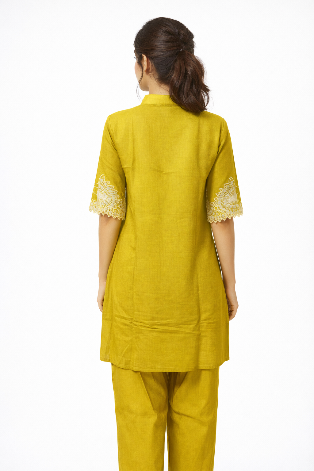 Two-piece co-ord set featuring with delicate scalloped cutwork embroidery