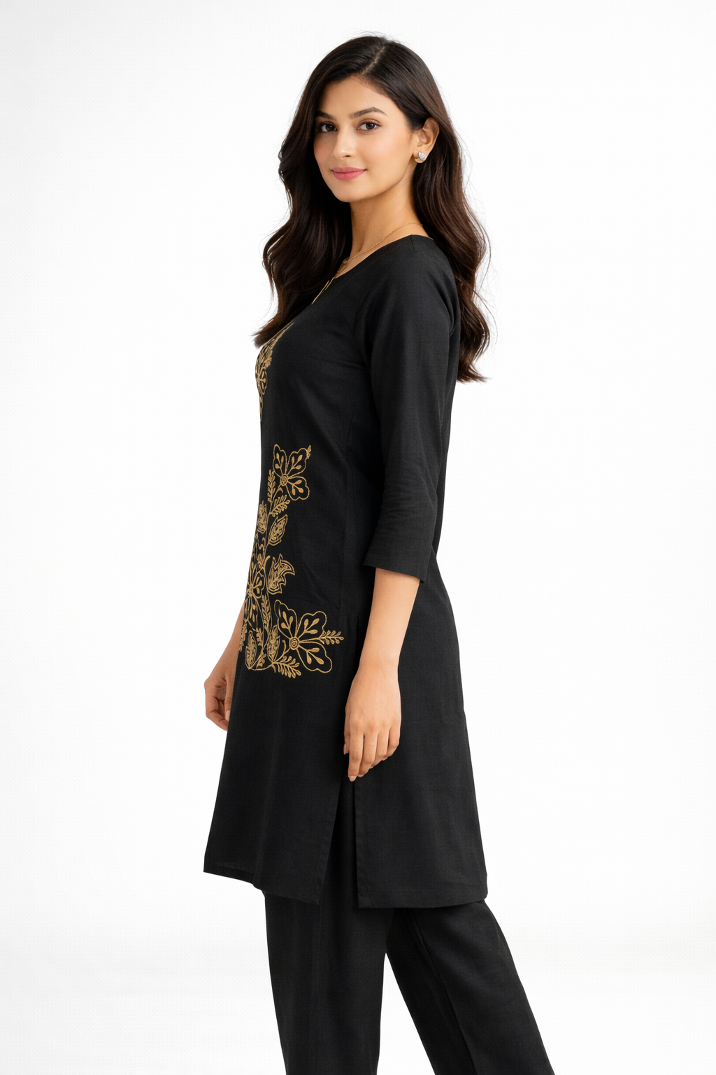 Elegant Black Kurta Set with Gold Floral Embroidery