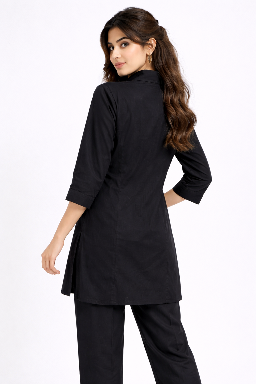 Elegant Black Embroidered Kurta Set with Shirt Collar.