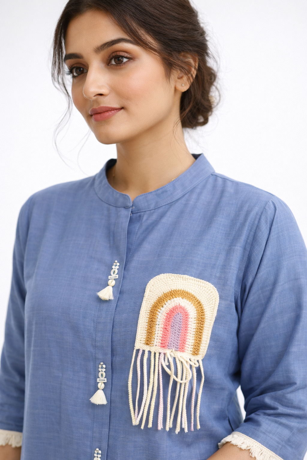 Elegant Sky Blue Kurta Set with Handcrafted Patch Detail.